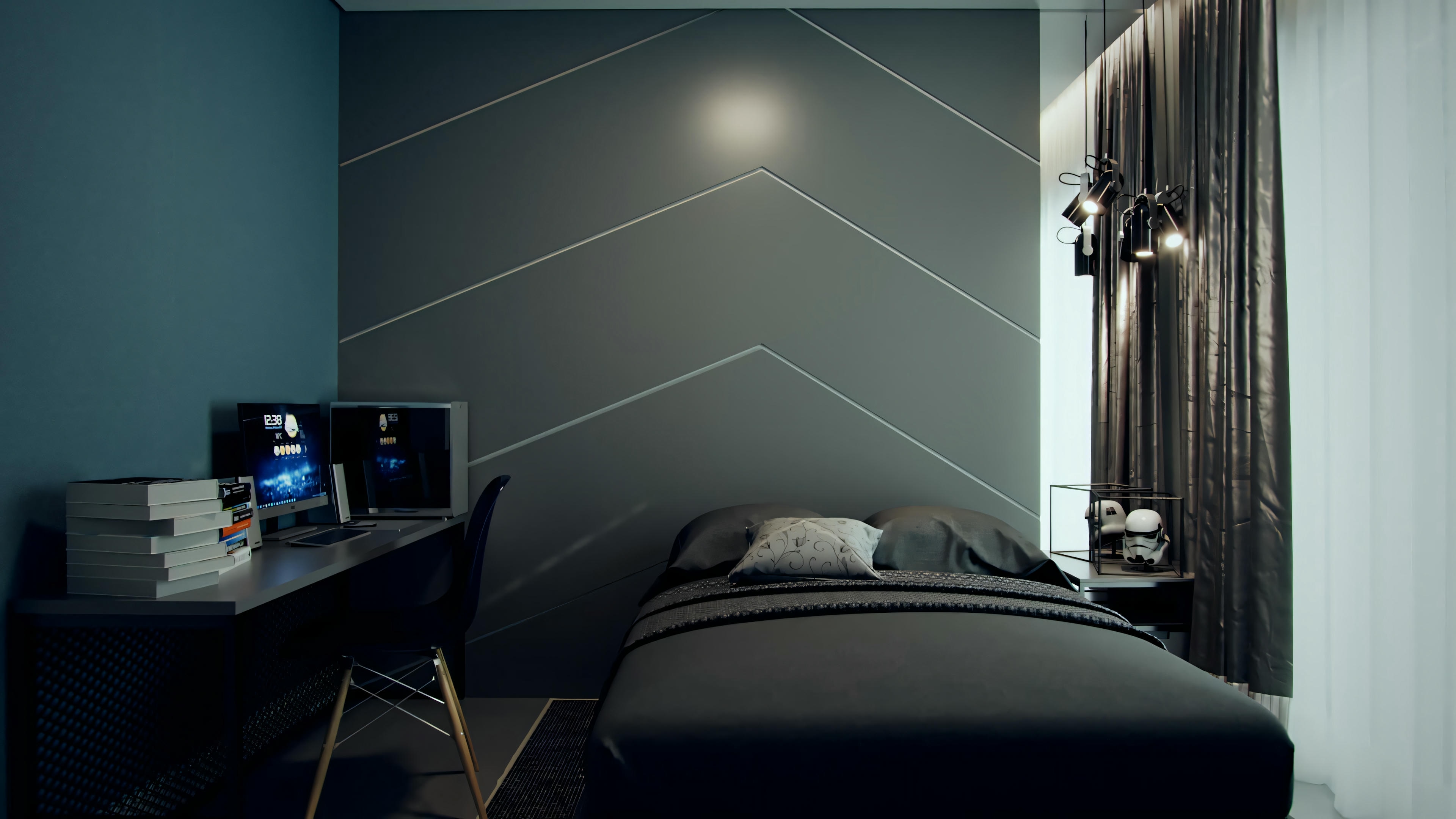 Un dormitorio, aparentemente de noche, con iluminación ambiental destacando una cama con ropa de cama oscura y una pared con patrones geométricos.