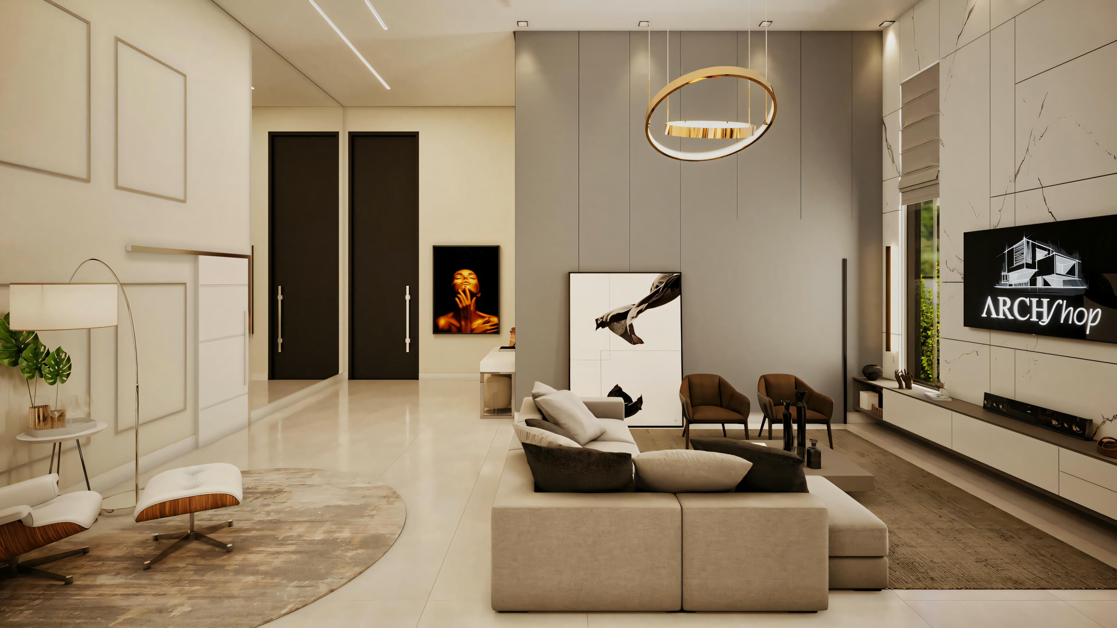 A darker living room with elegant furniture, a chandelier, and a television screen on the wall.