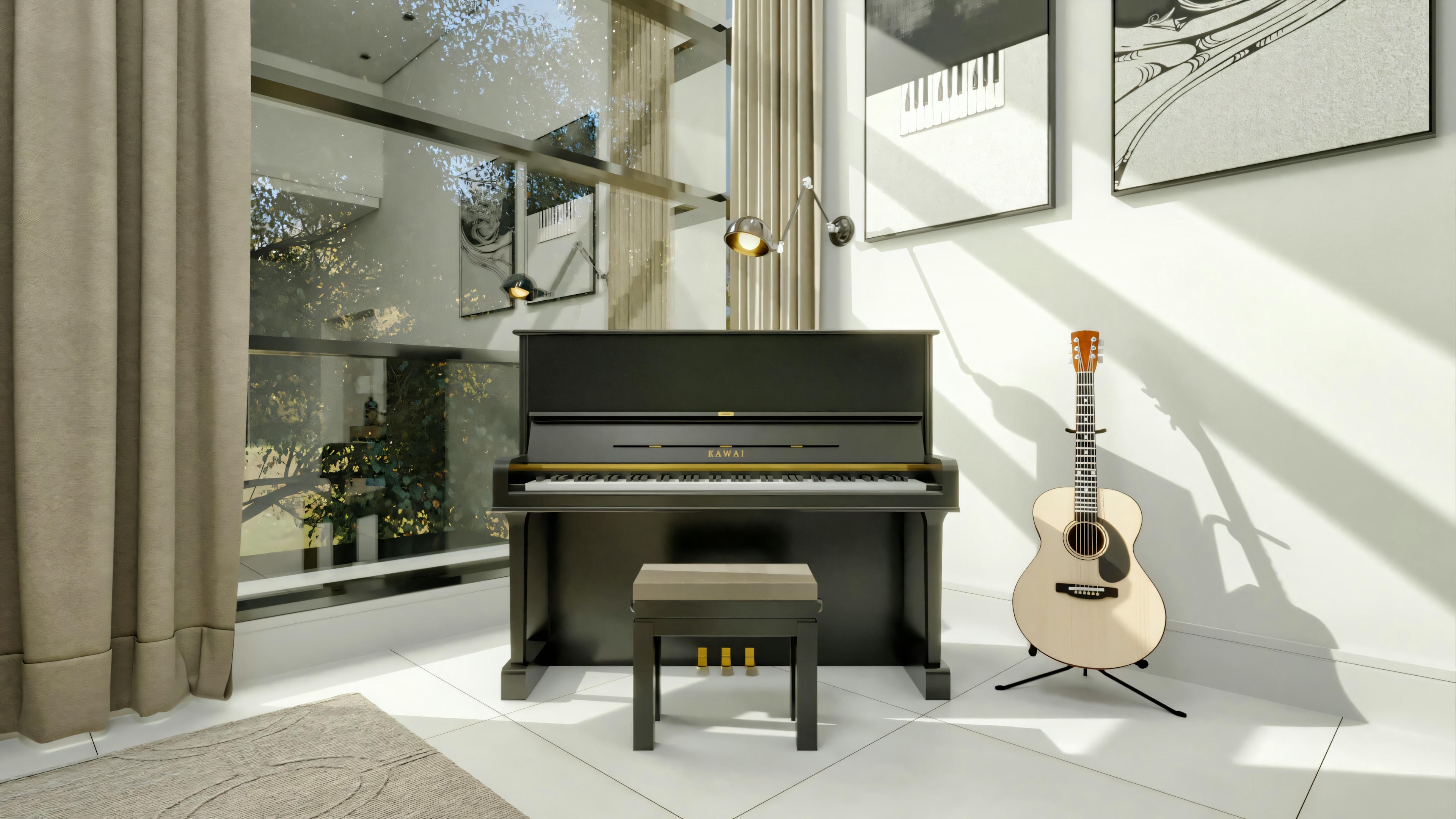 Elegant space with a grand piano and guitar to the side.