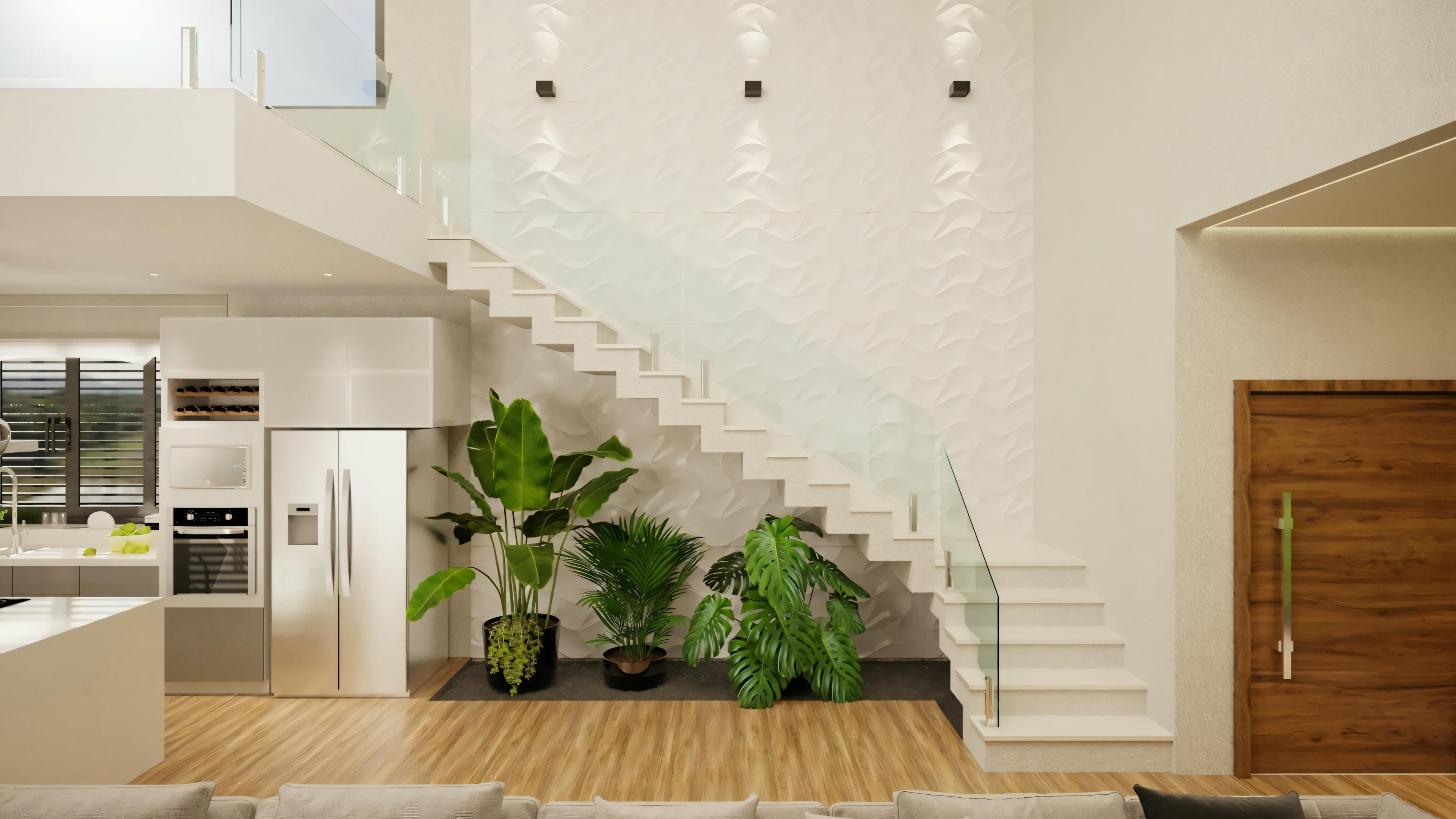Um espaço interior com escada, piso de madeira, paredes brancas e uma pequena planta sob a escada.