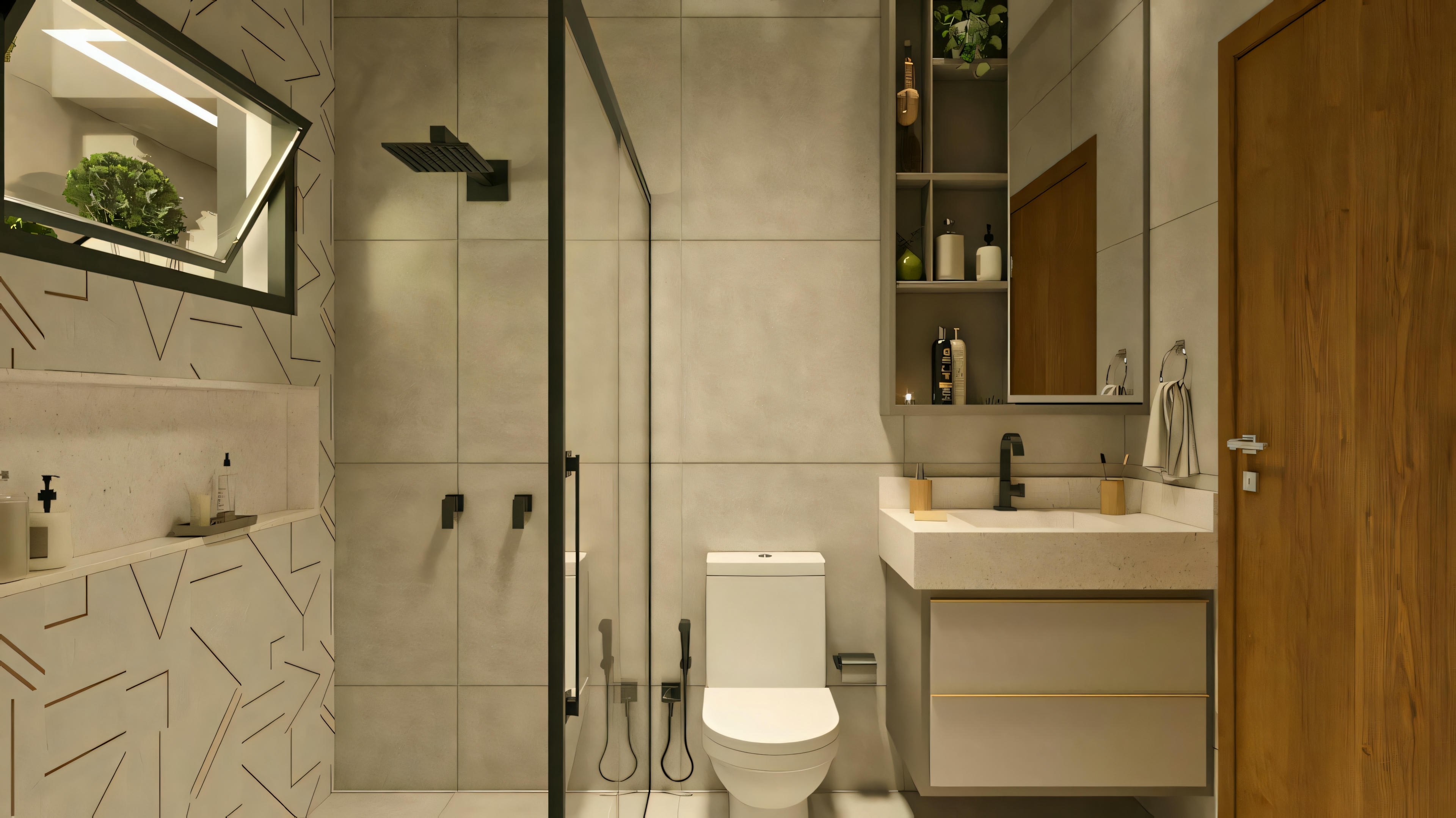 Bathroom tiled with geometric porcelain.