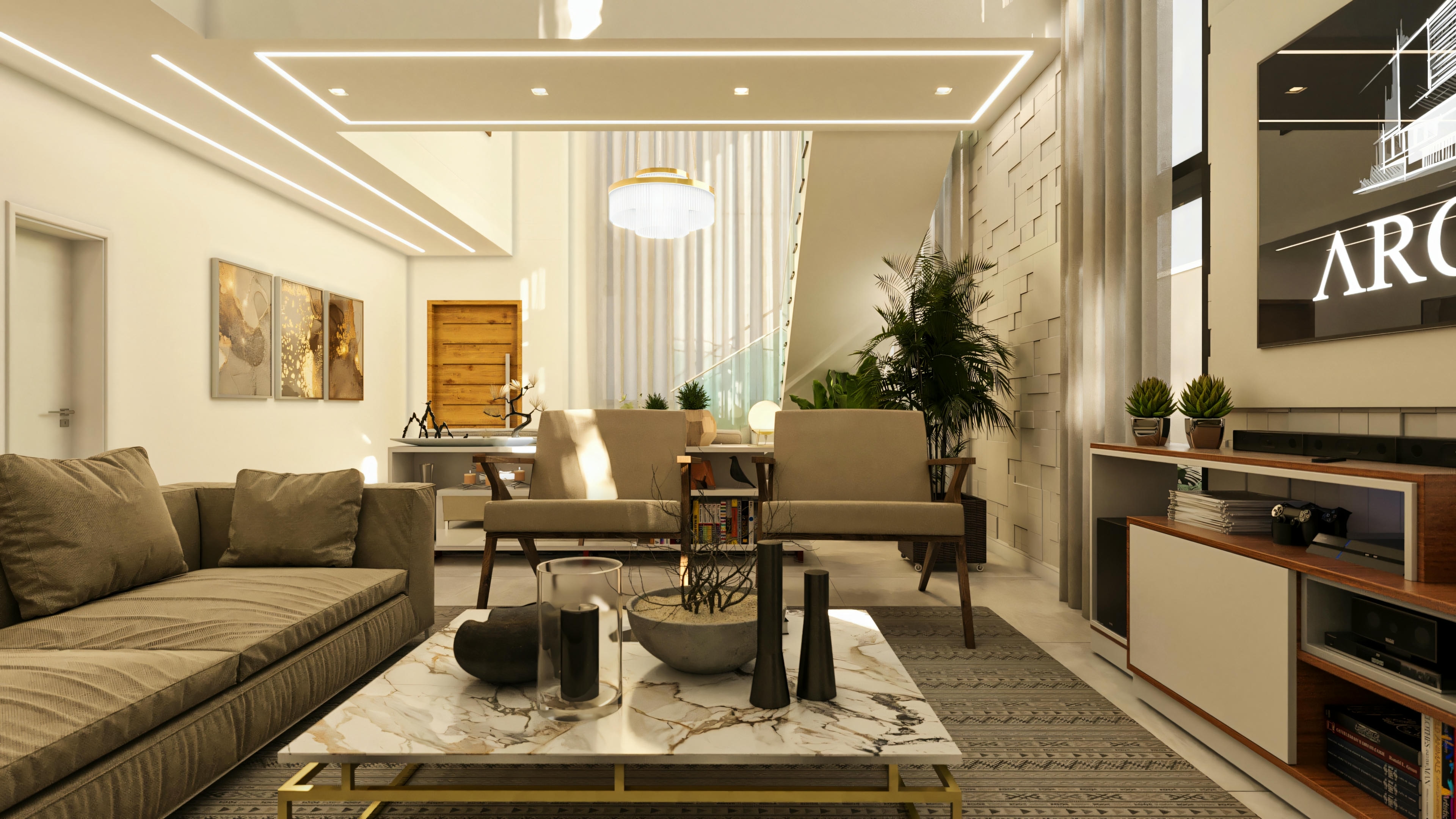 Overall view of the spacious living room in a high-standard 5-suite house. Includes L-shaped sofa, TV panel, area with armchairs, staircase in the background, high ceiling, and ceiling LED lighting.