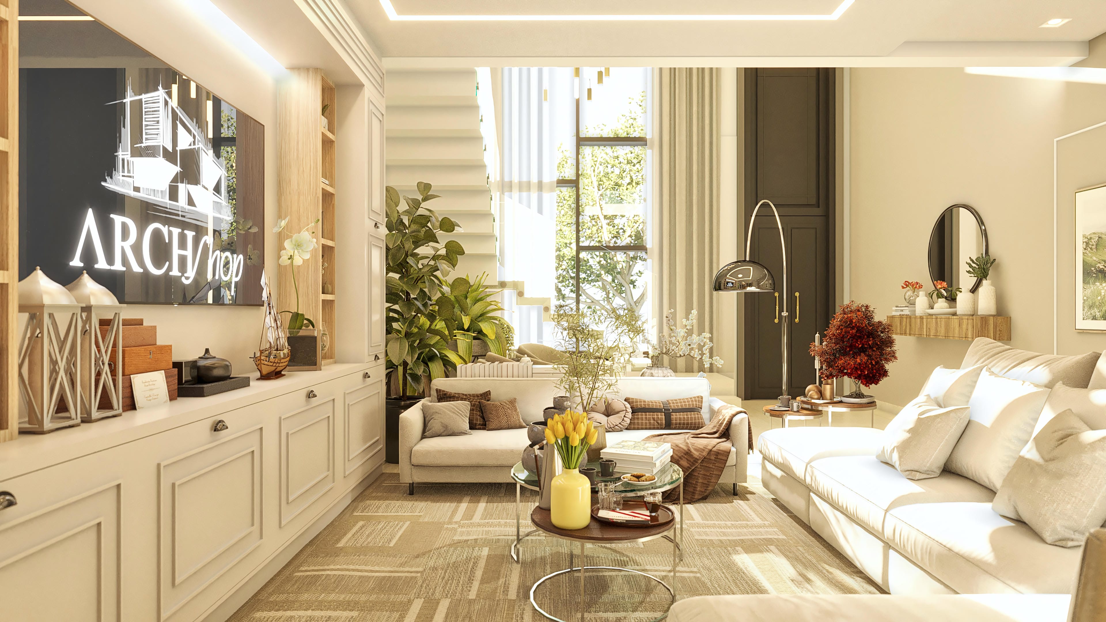 Interior de casa de dos niveles con diseño elegante, destacando la escalera moderna en blanco, amplia ventana con vista al verde, sofás claros y detalles clásicos en molduras y carpintería.