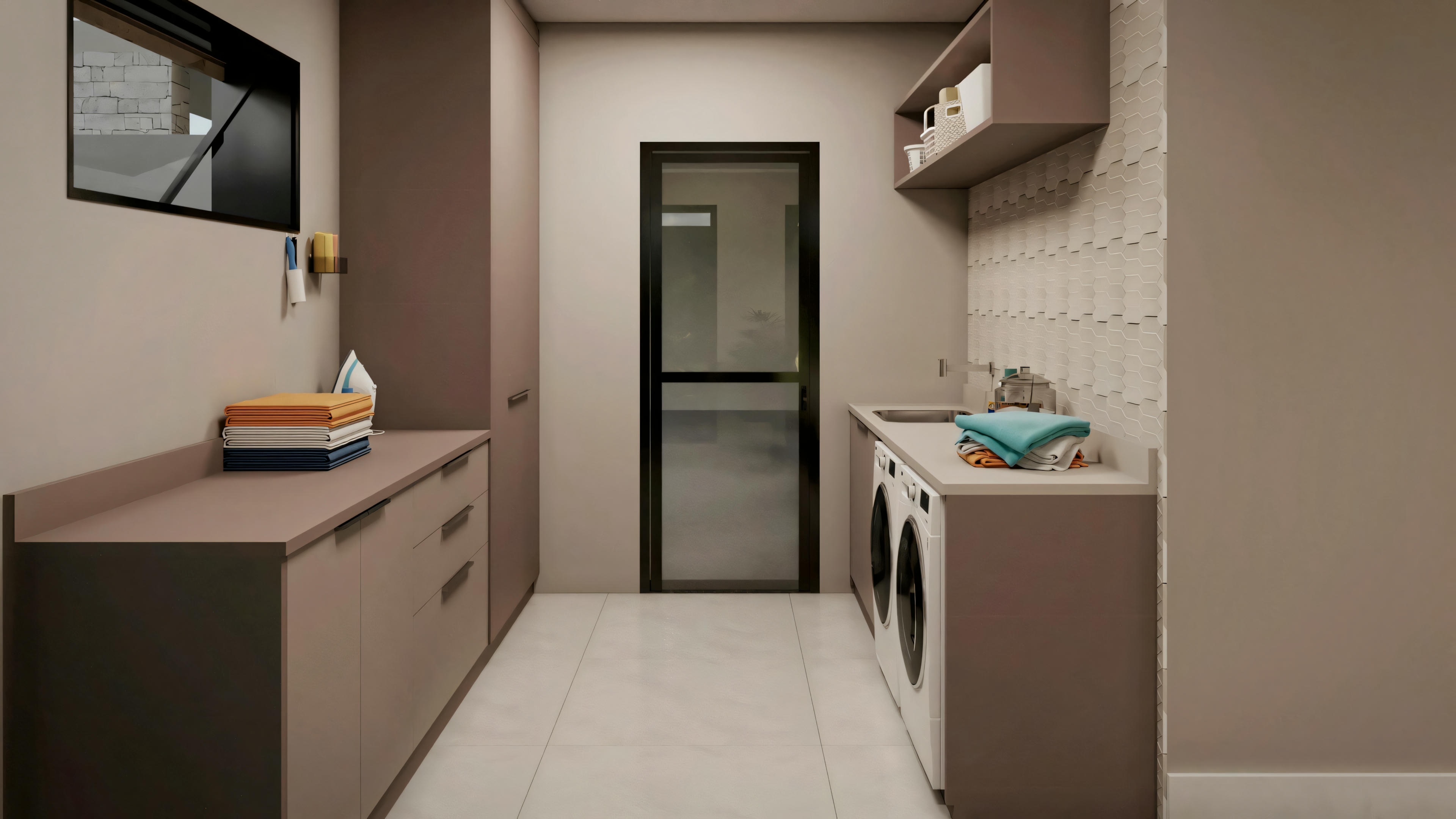 Amplio espacio interno integrado en proyecto de casa moderna, combinando sala de estar, comedor con mesa de madera y cocina/área gourmet con isla. Diseño de interiores sofisticado, suelo en porcelánico e iluminación moderna.