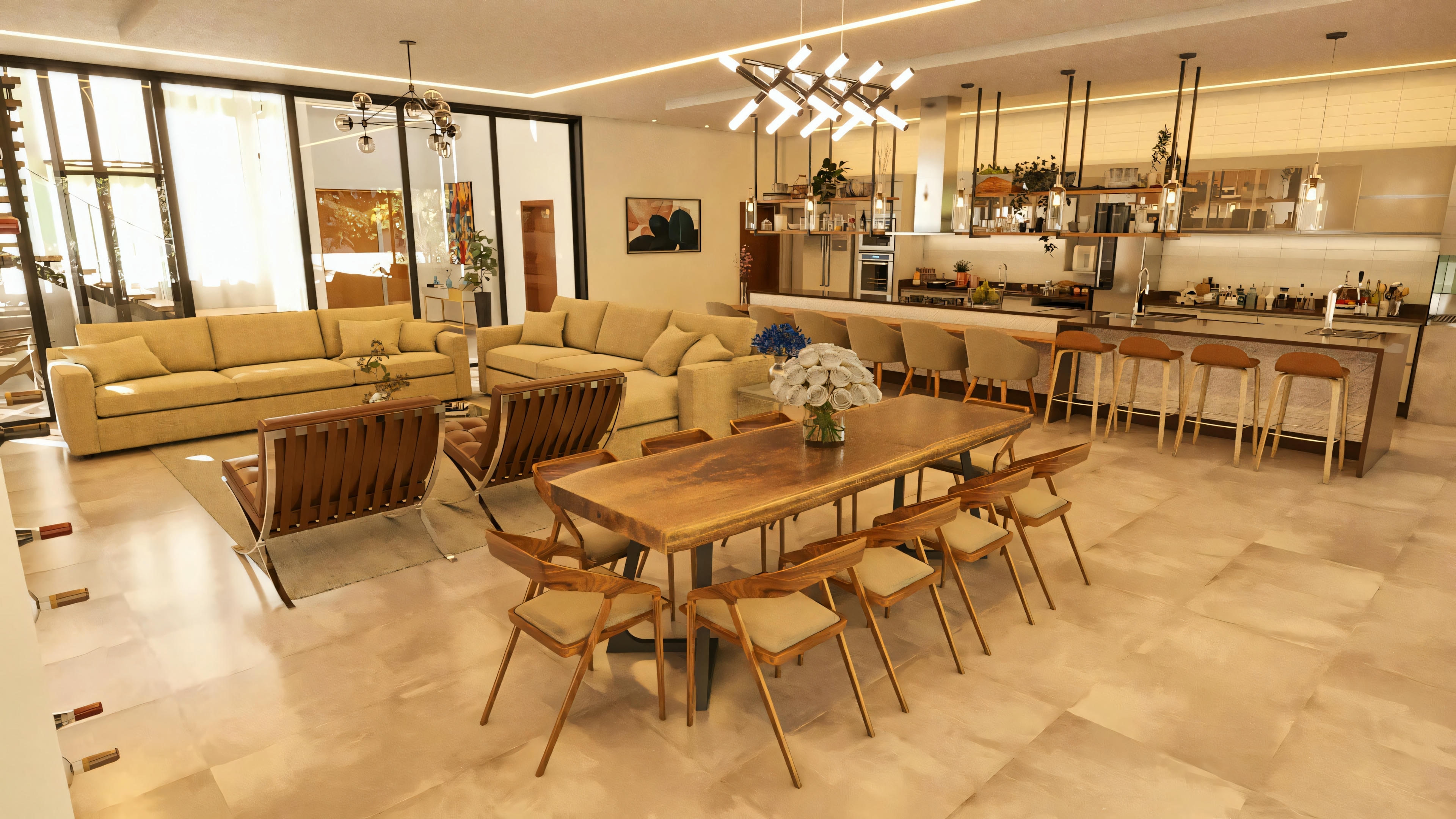 Amplio espacio interno integrado en proyecto de casa moderna, combinando sala de estar, comedor con mesa de madera y cocina/área gourmet con isla. Diseño de interiores sofisticado, piso en porcelanato e iluminación moderna.