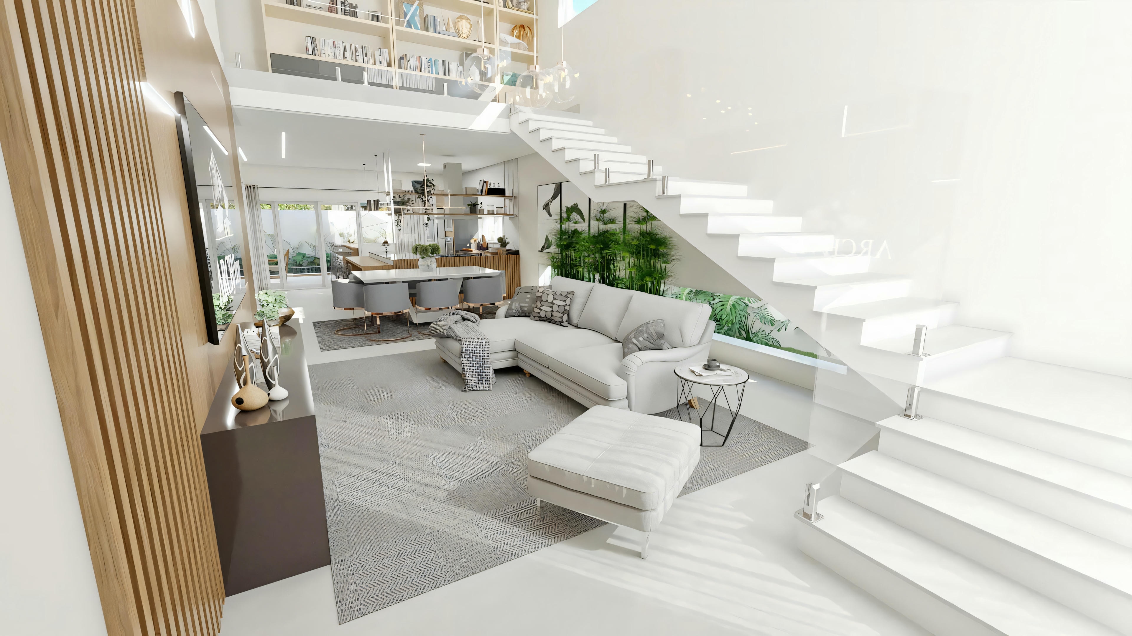 Interior of the living room of ArchShop modern house project with 3 suites and pool. Environment with high ceilings, modern staircase with glass railing, wood panel, gray sofa, and view to dining room. Contemporary residential project with 250.56sqm.