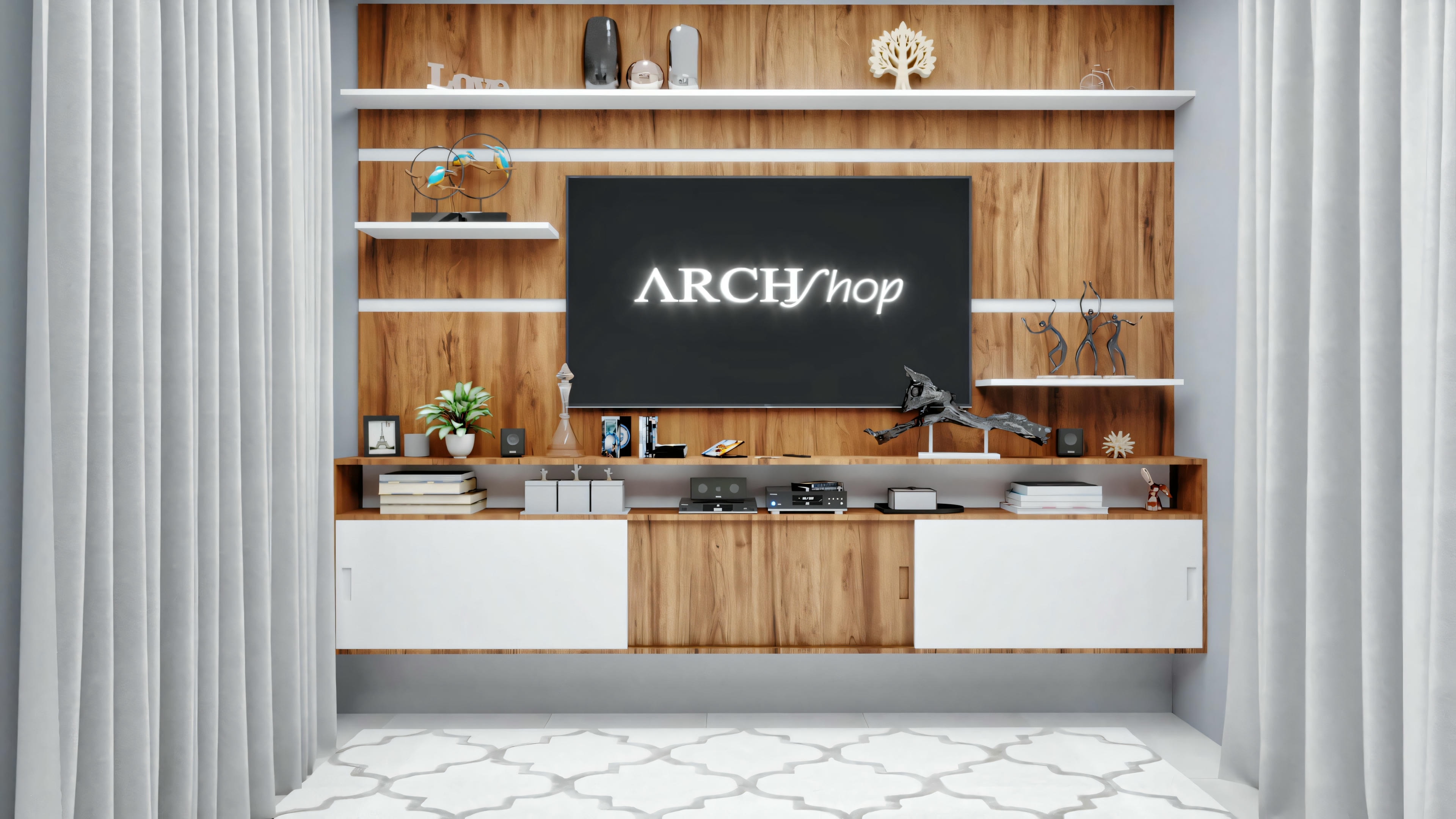 Un espacio interior con diseño moderno, presentando una estantería de madera con varios artículos