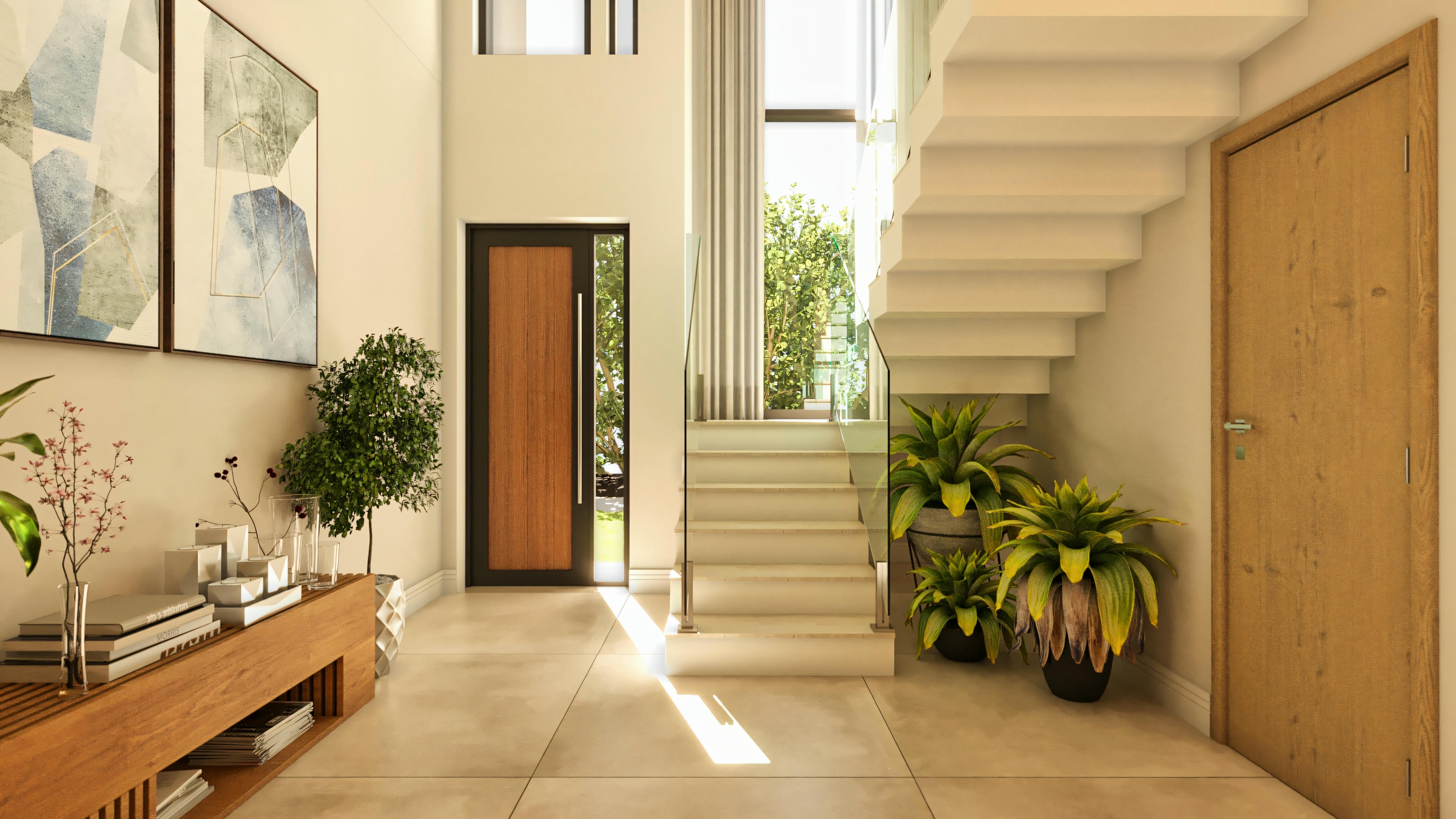 Design de interiores do hall de entrada em sobrado moderno, com porta pivotante imponente, escada com degraus claros e guarda-corpo de vidro, aparador e decoração. Planta de sobrado de 210.57m².
