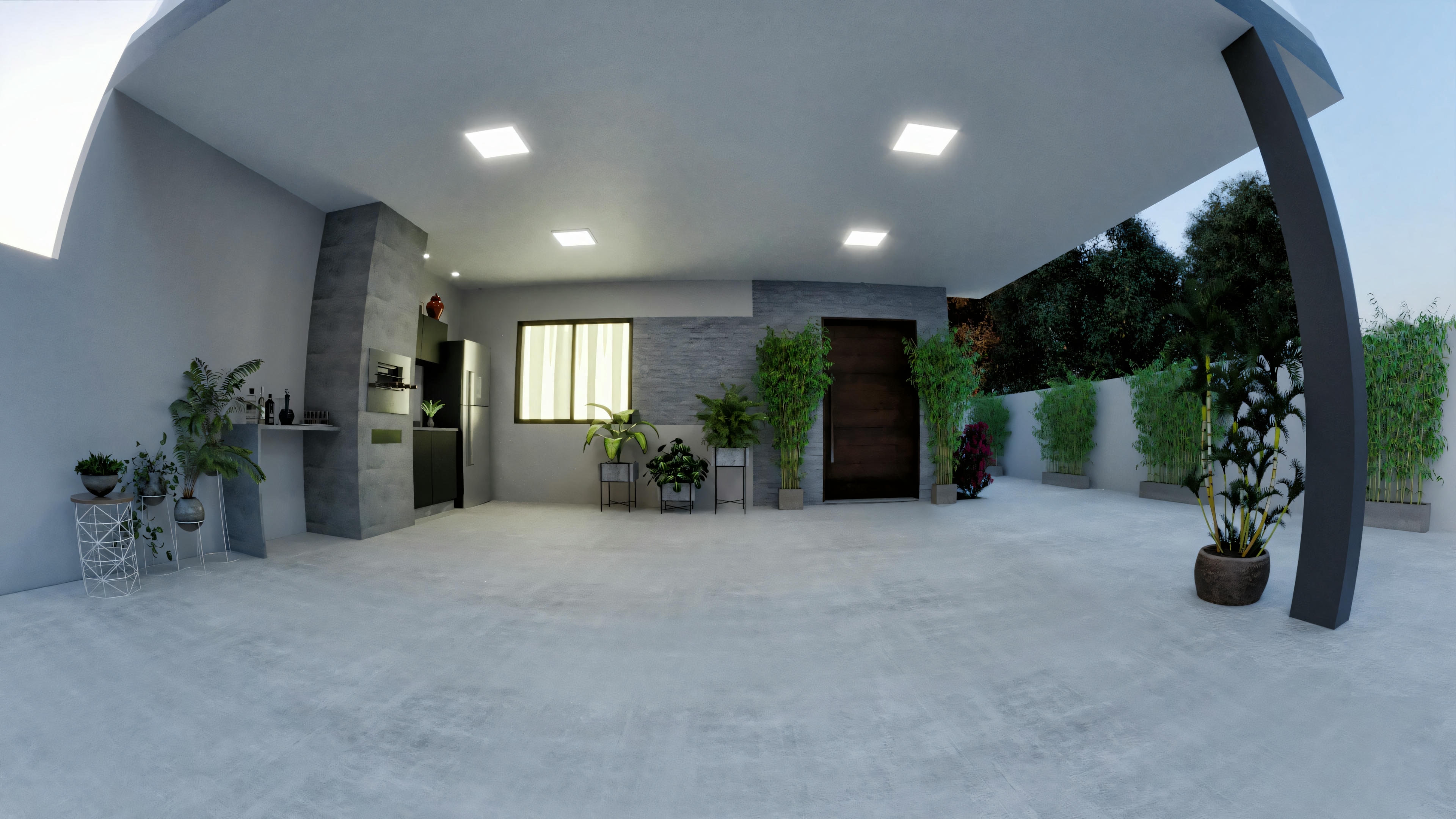 Empty space with tiled floor, white walls, and open garage door.
