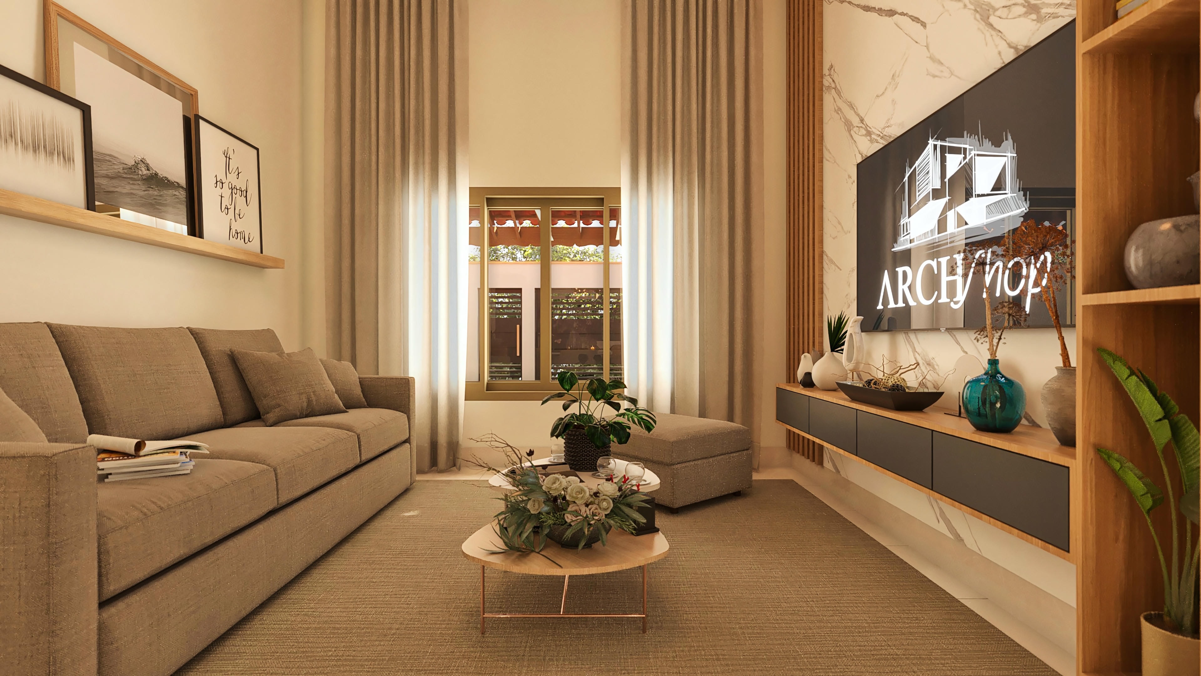 Image of a modern living room with a panel.