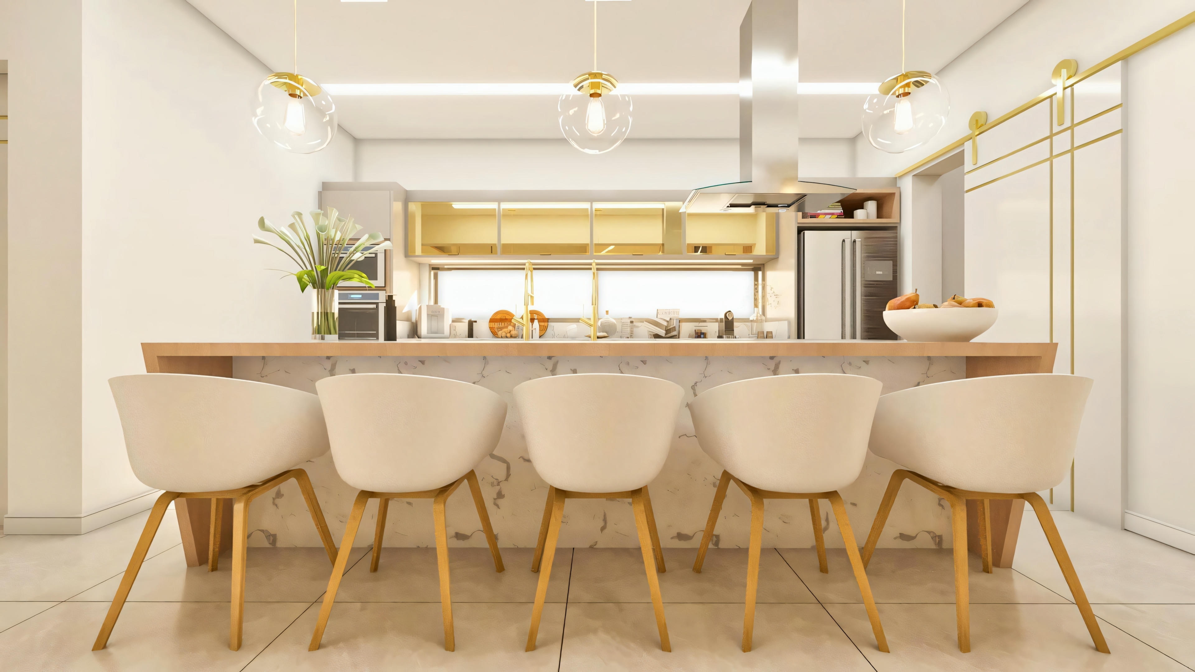 Modern kitchen of a luxury residential project, detail of the gourmet island with marble countertop, designer stools, and pendant lighting.
