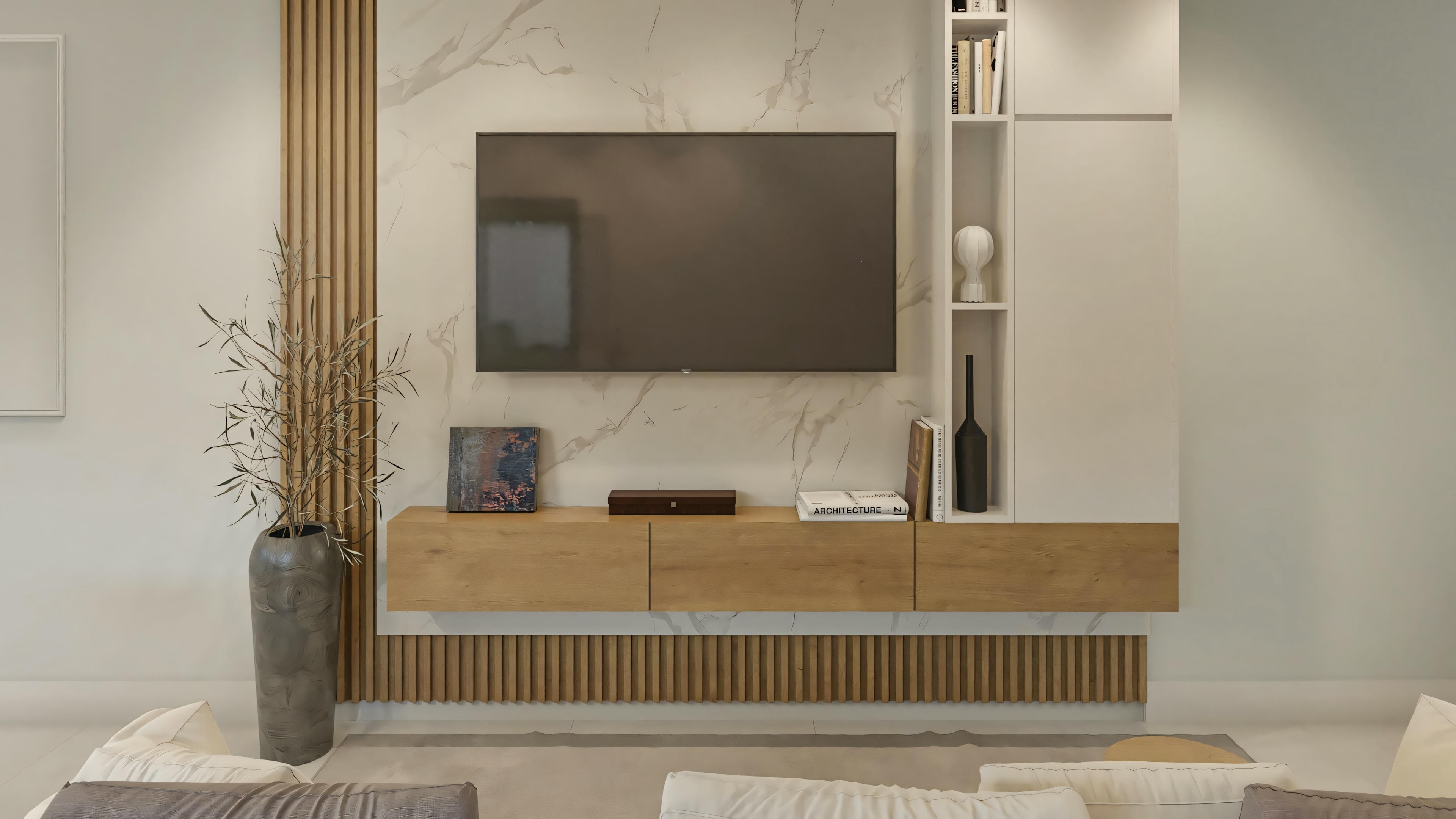 A modern bathroom with a large mirror, vanity with wooden base, and decorative items like plants and containers.