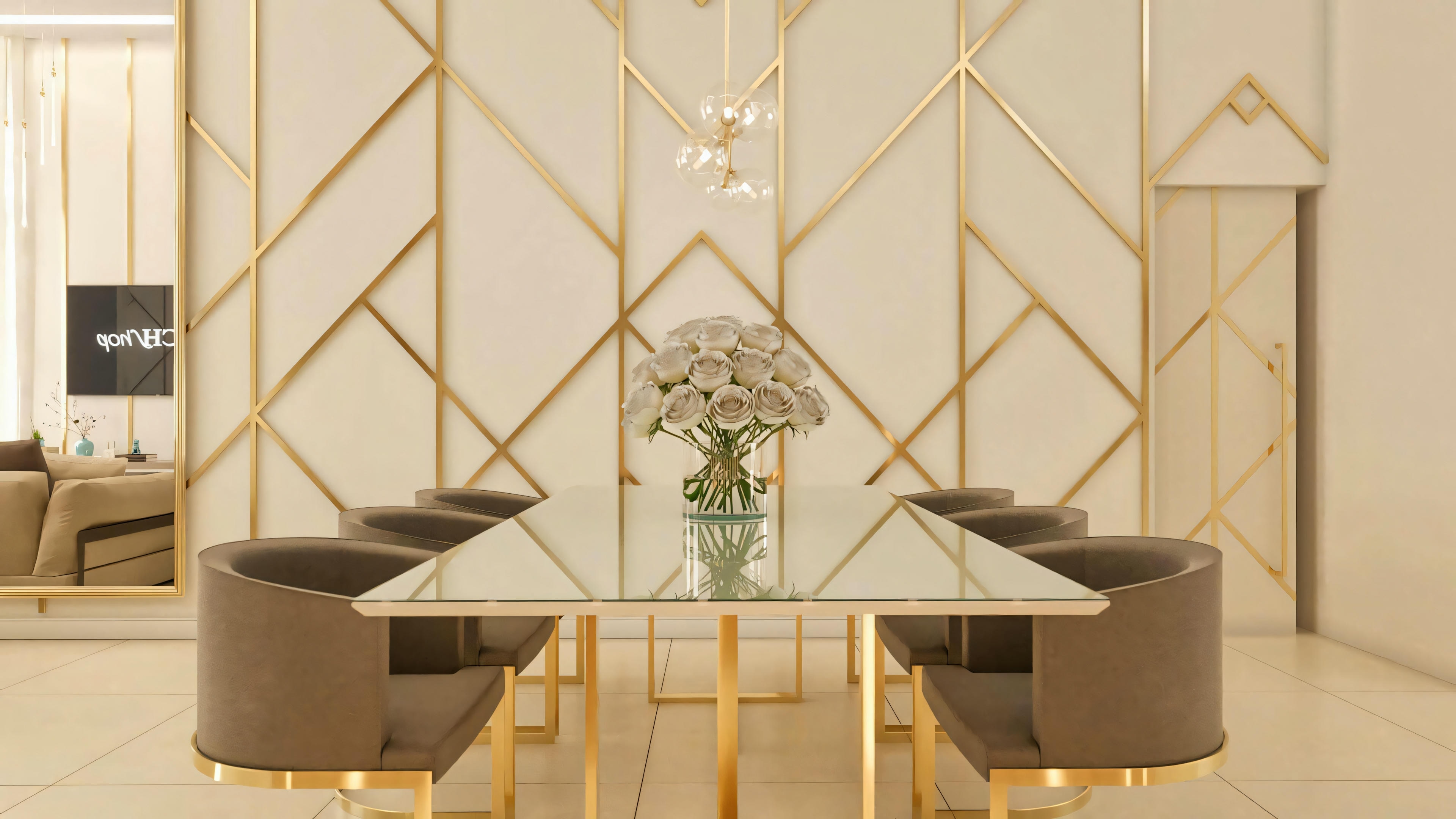 Modern dining set with a glass table and six upholstered chairs, positioned in front of a gold geometric wall panel. Dining room of a modern single-story house.