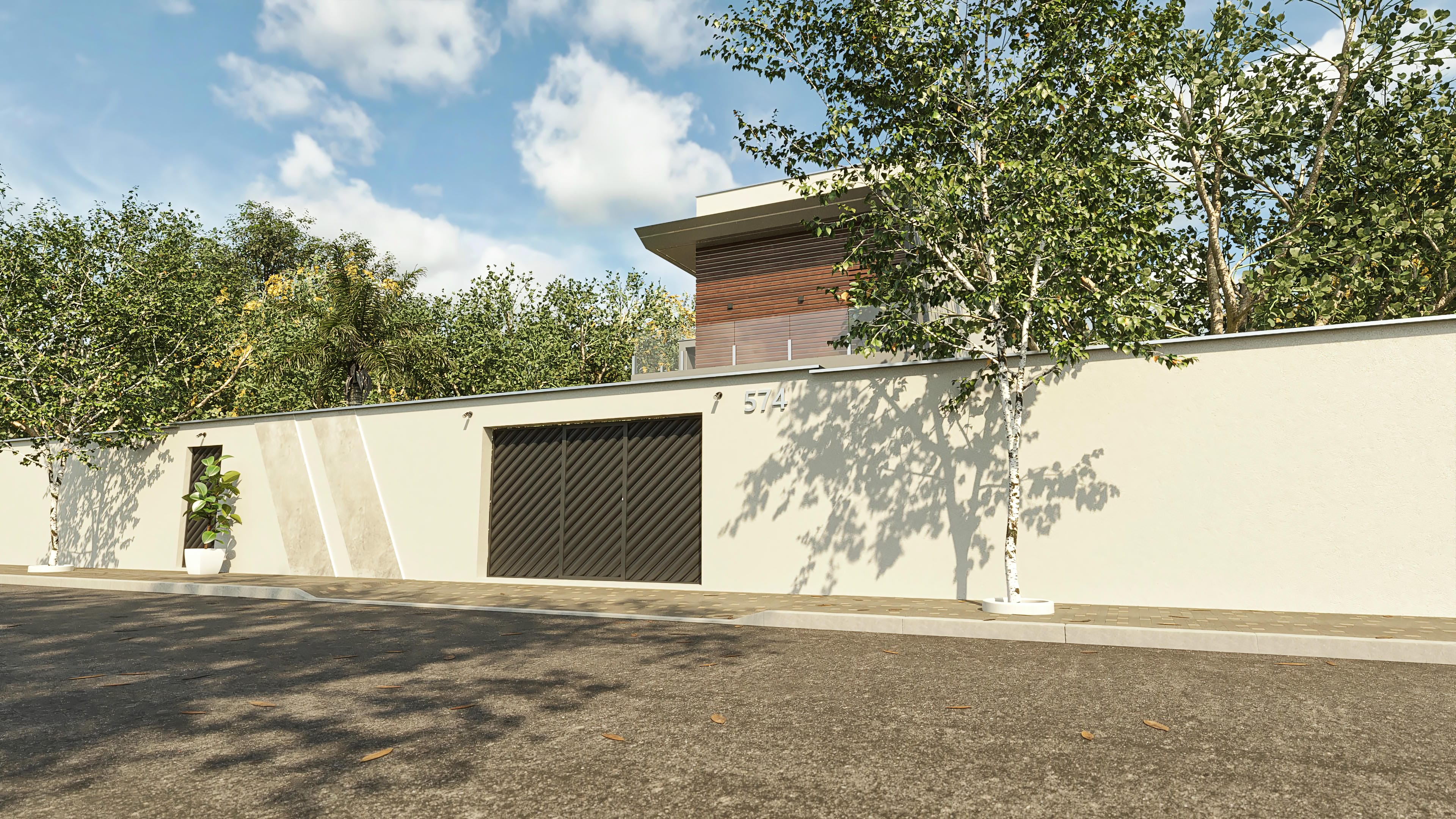 Facade of a modern two-story house with 4 suites, gourmet area with integrated pool, showing a dark-toned gate and wood details.
