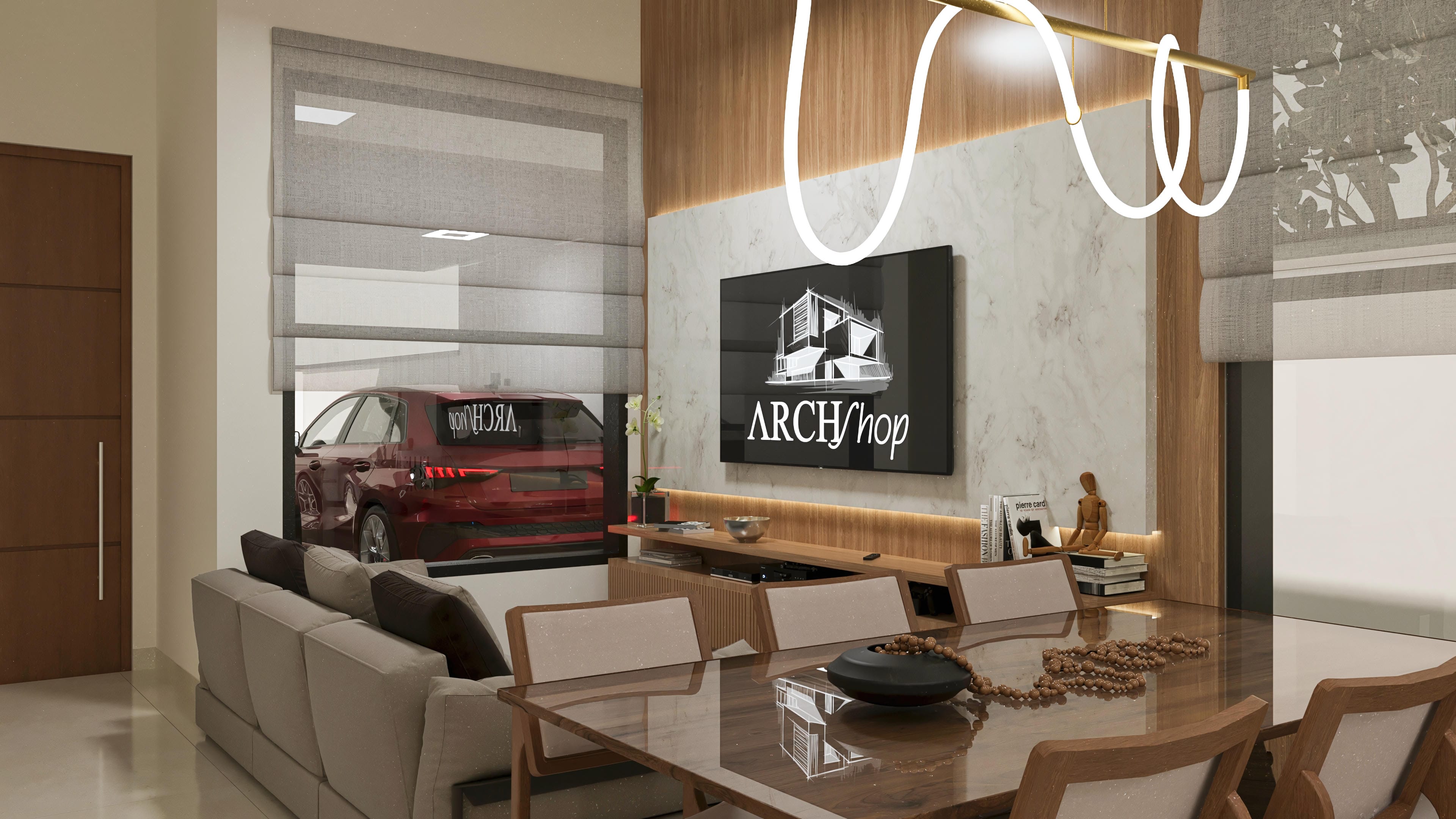 Interior environment of a modern house with integrated living and dining rooms, highlighting woody millwork, marble cladding, and golden linear lighting.