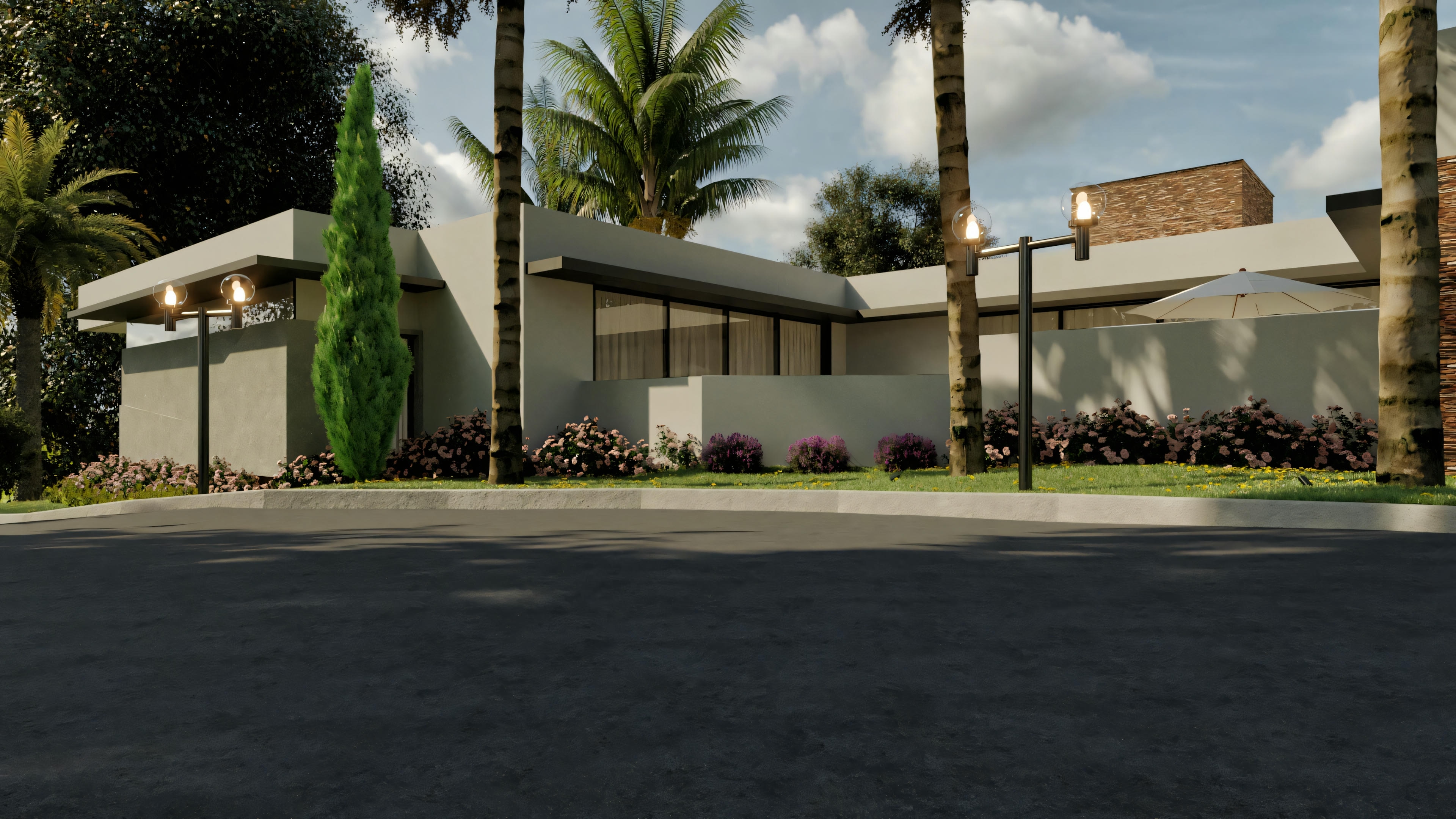 A modern house with contemporary architecture and large windows.