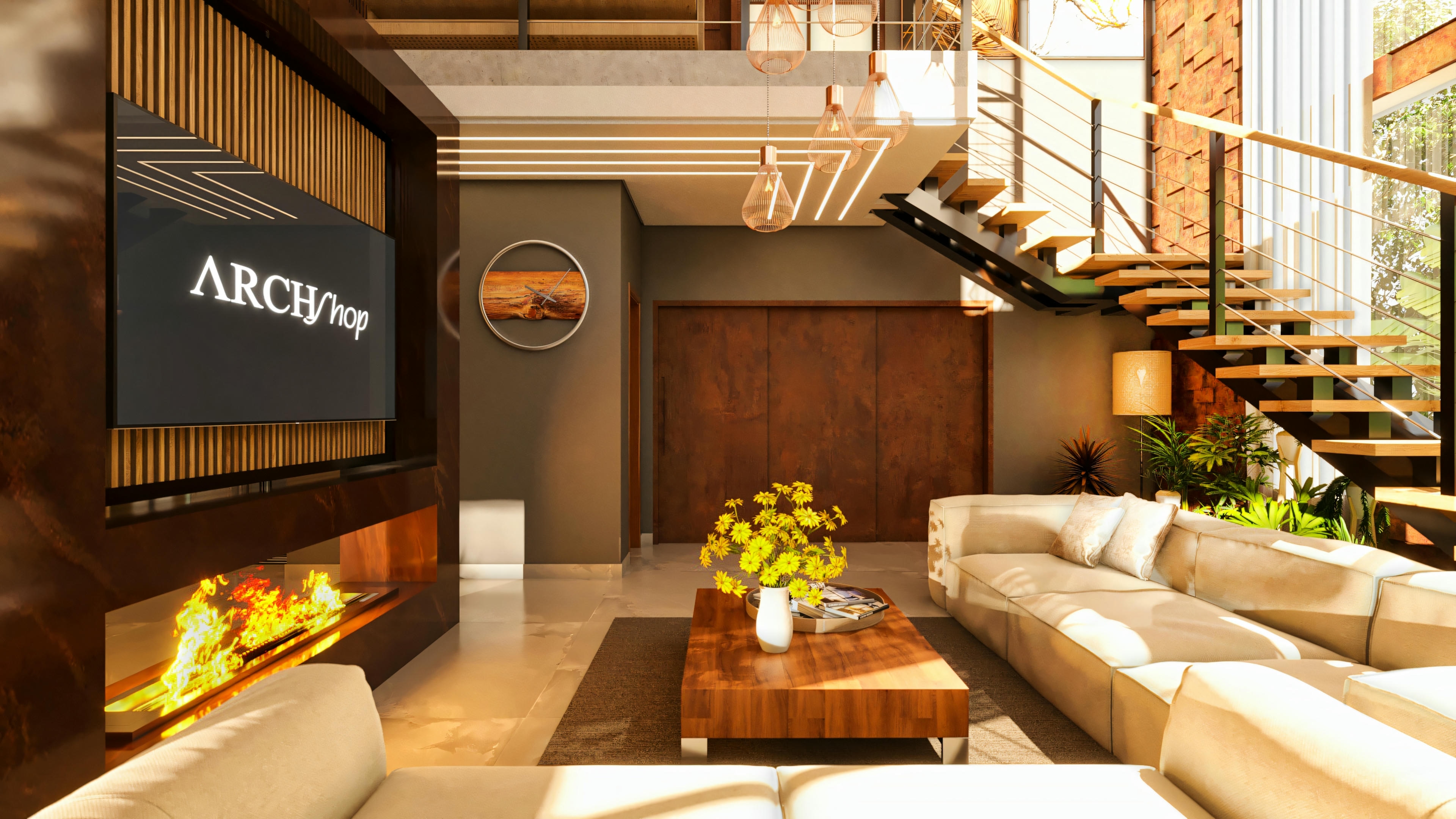 Large integrated interior space in a modern house project, combining living room, dining room with wooden table, and kitchen/gourmet area with island. Sophisticated interior design, porcelain tile flooring, and modern lighting.