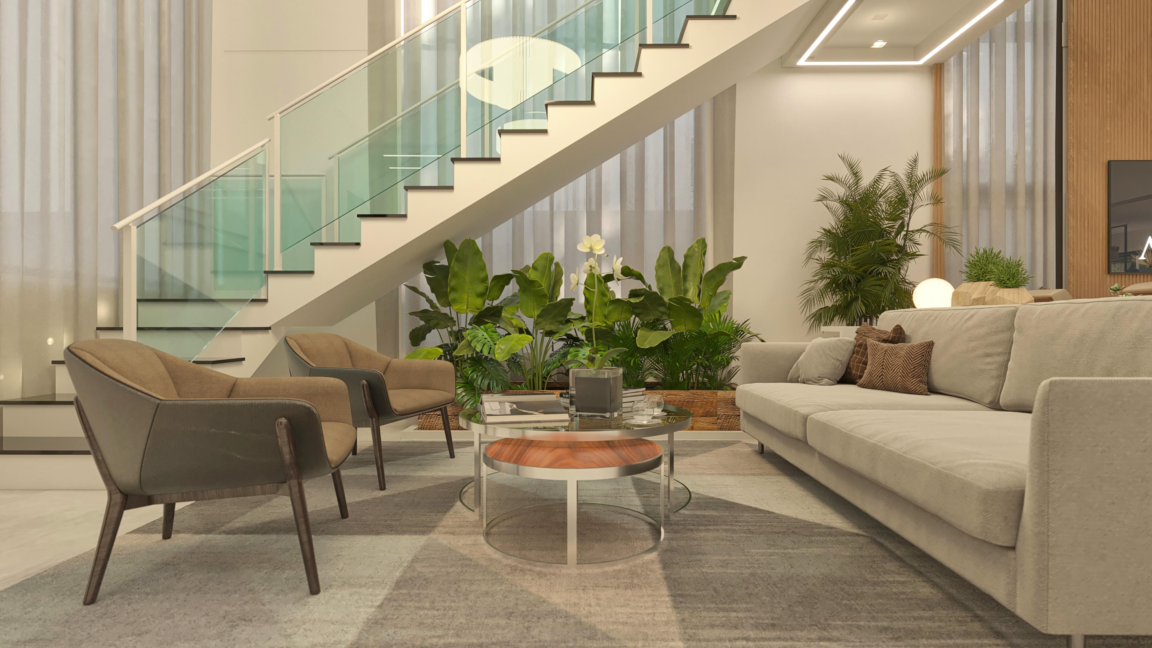 Interior of a modern two-story house with floating staircase, living room with sofa and armchairs in neutral tones, LED lighting, and internal garden.