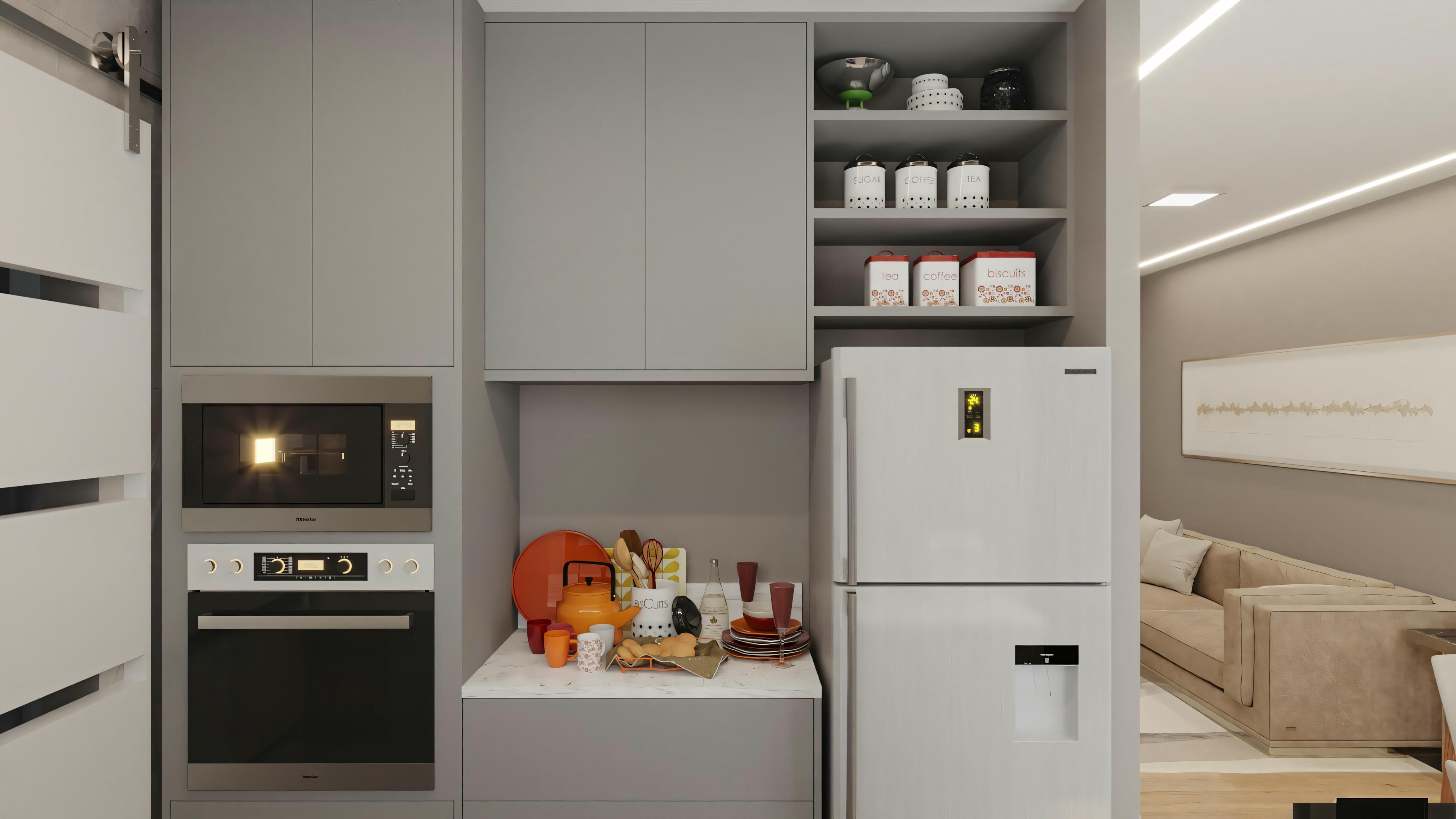 Modern kitchen with appliances and elegant cabinets.