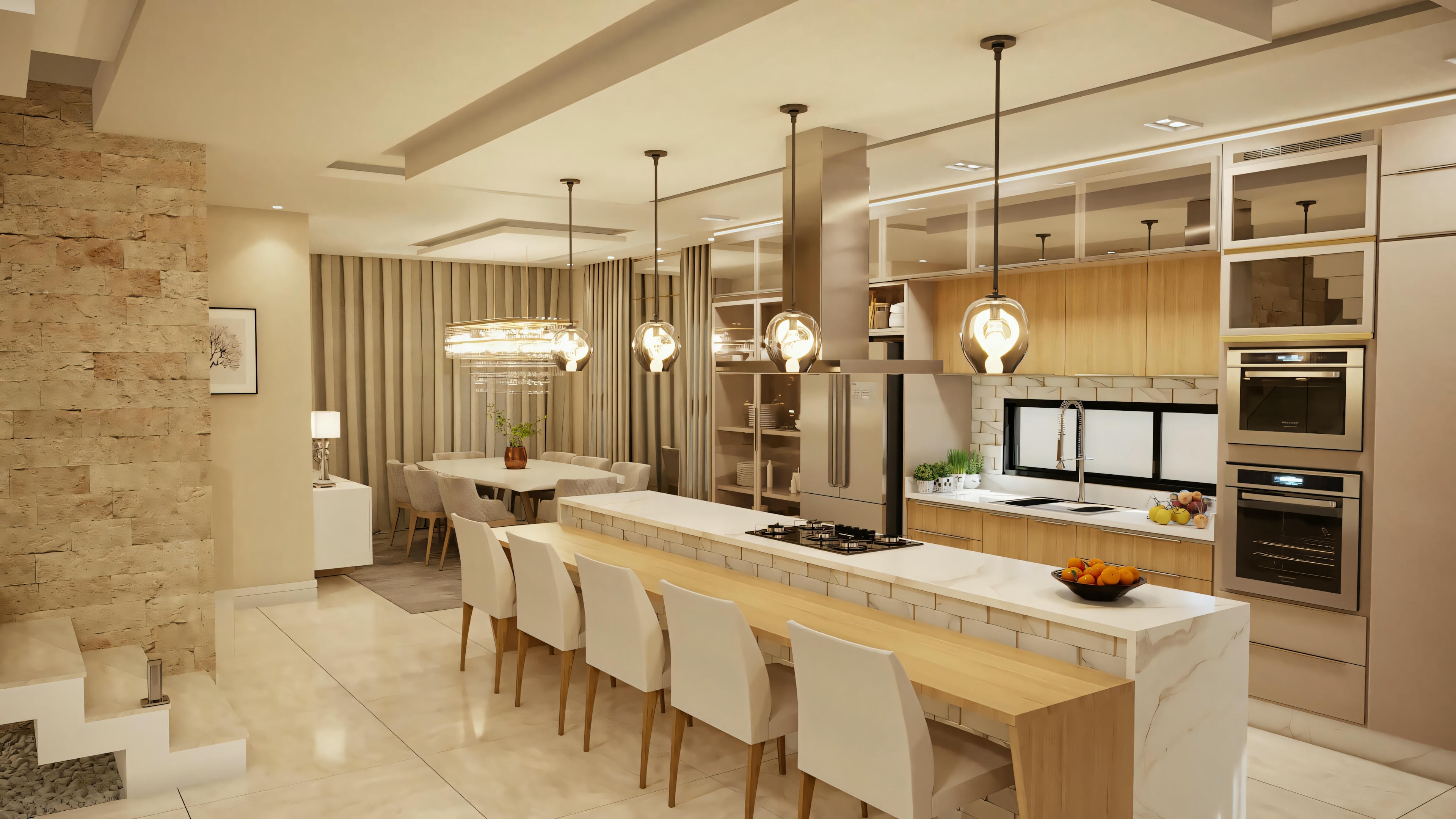 A modern kitchen with an island and bar stools, warm lighting, and a spacious layout.