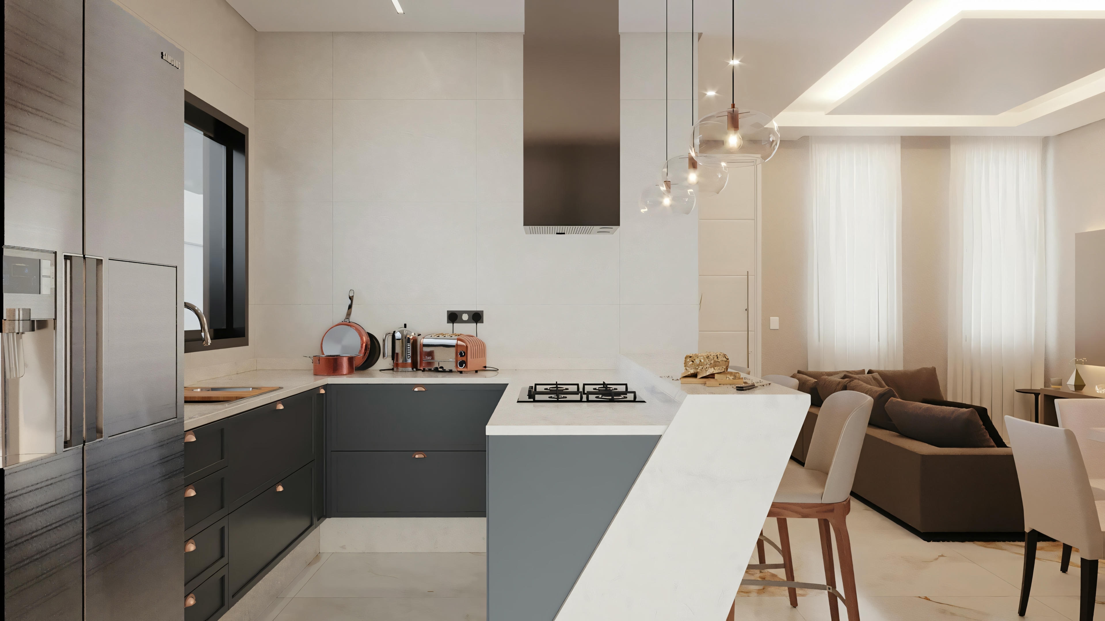 A modern kitchen that opens to a living area. The kitchen features sleek dark cabinets with built-in appliances and a white countertop that extends into a breakfast bar.