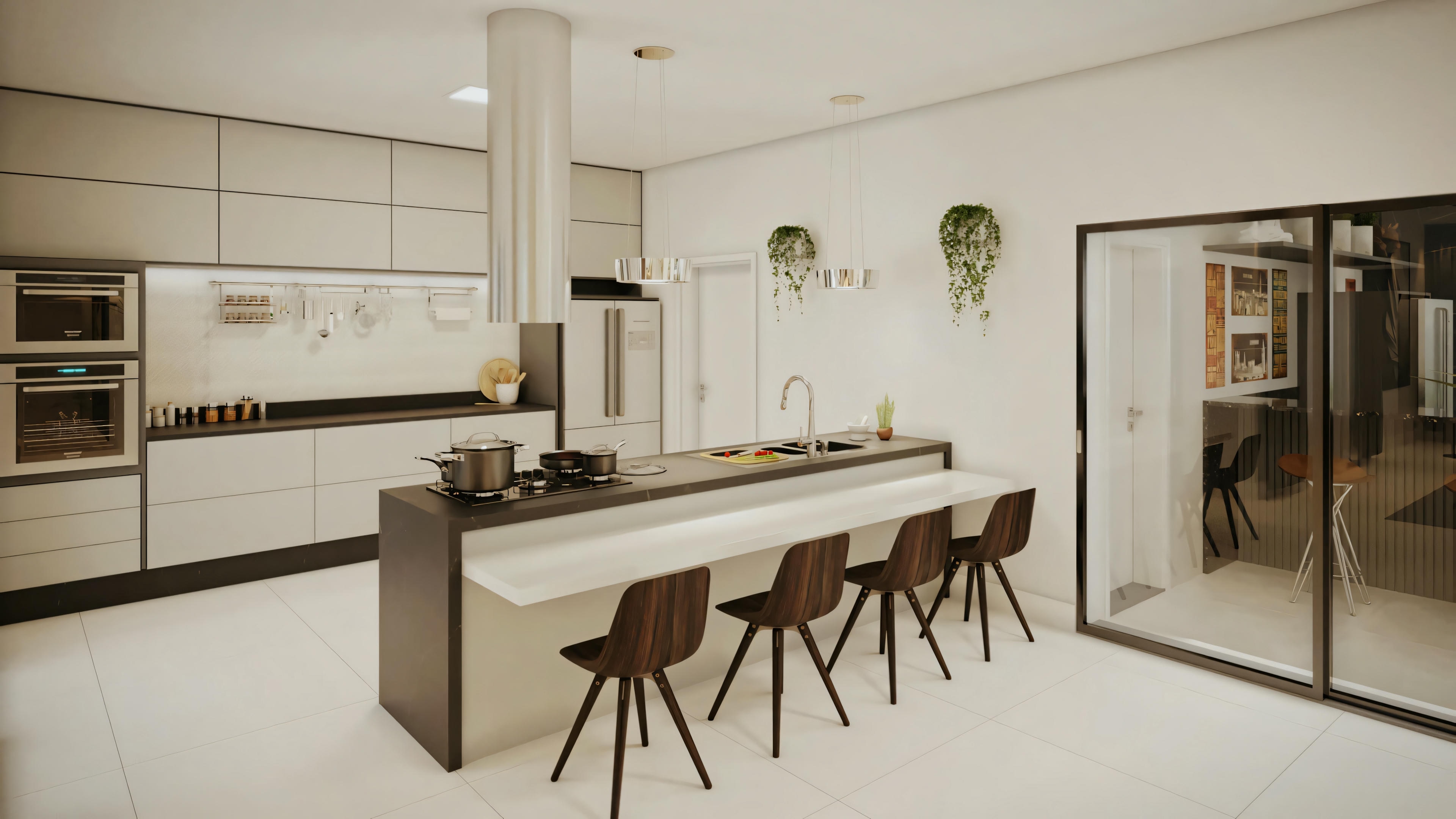 Modern kitchen with white cabinets, an island with bar stools, and pendant lights.