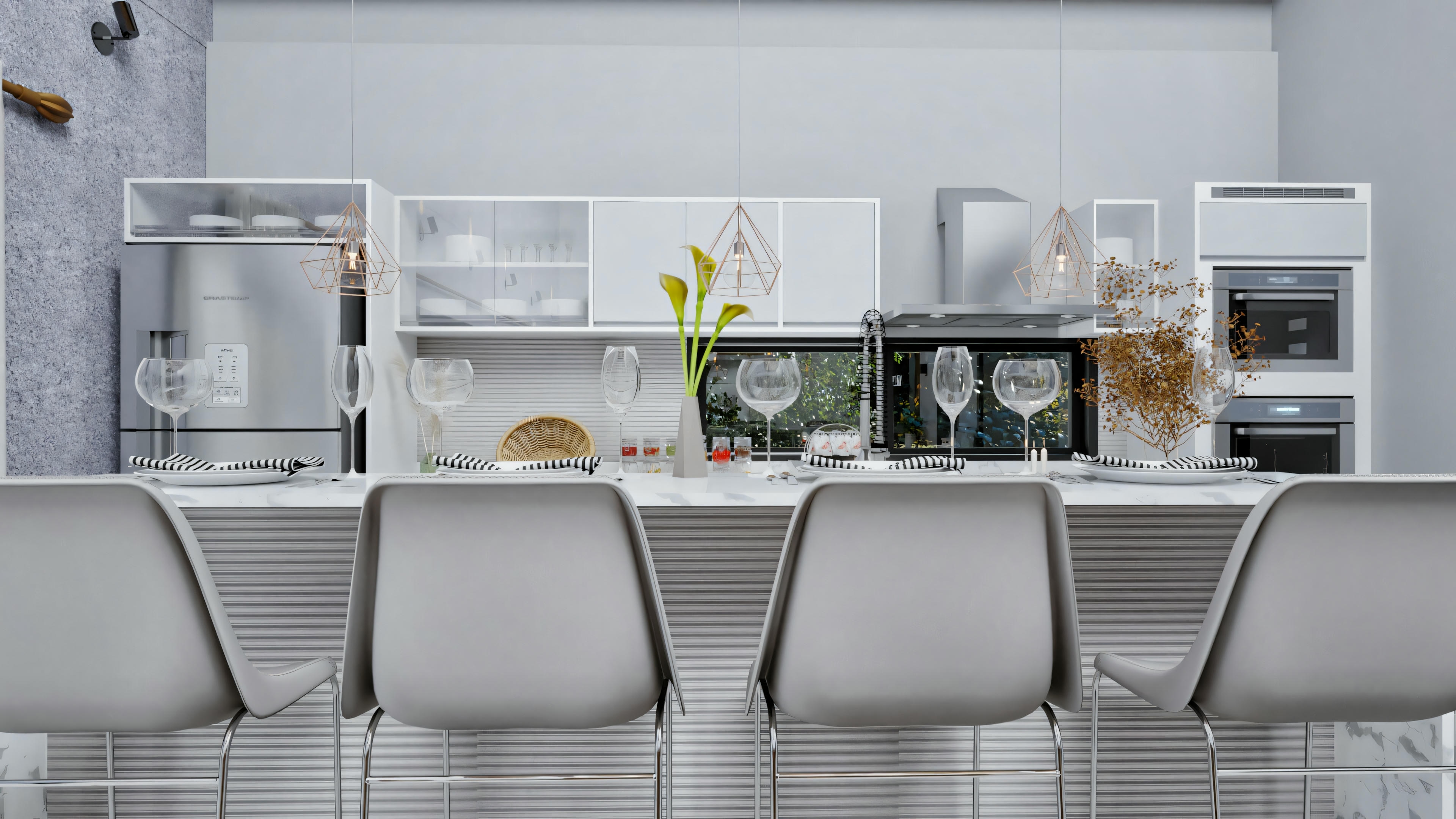 A modern kitchen with white cabinets, stainless steel appliances, and a dining table with four chairs.