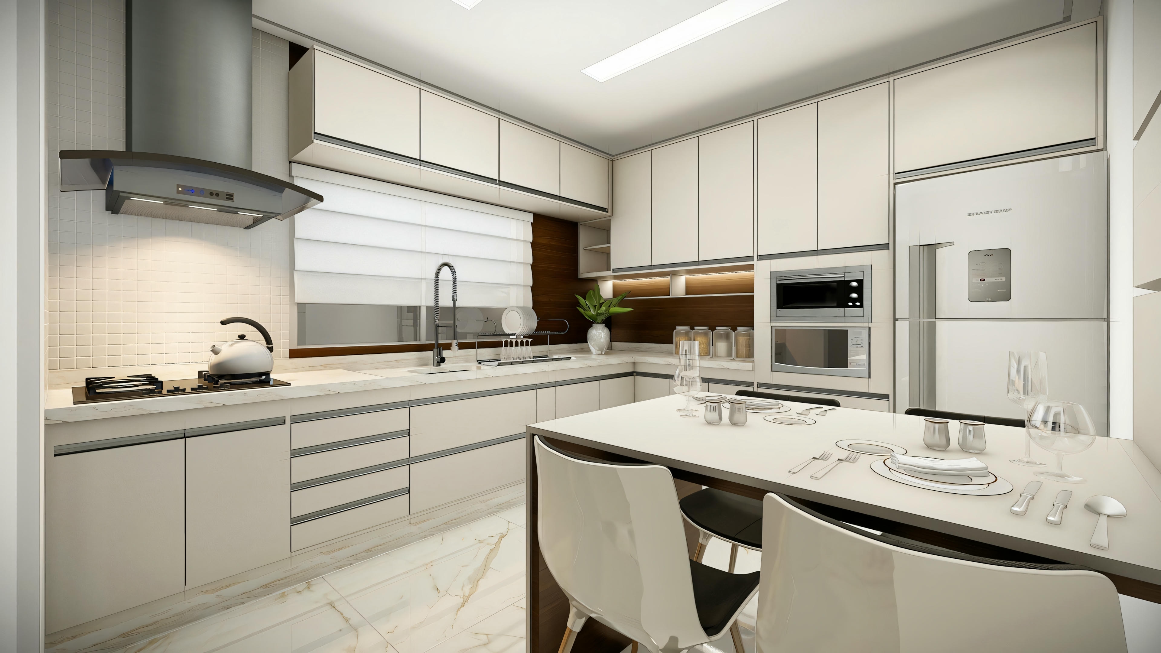 Modern kitchen with white cabinets, wooden countertop, and stainless steel appliances.