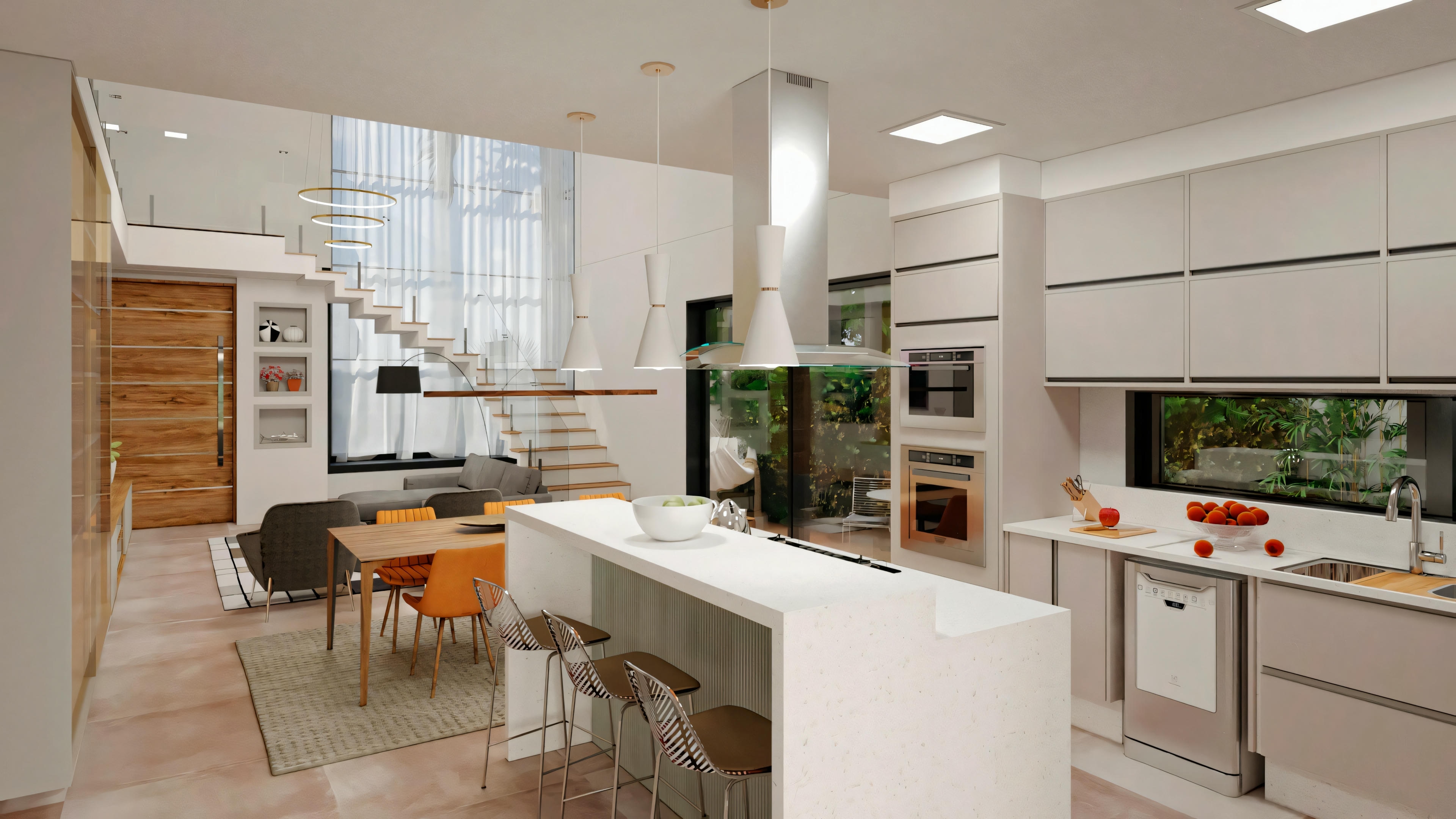 Modern kitchen with white countertops and built-in appliances.