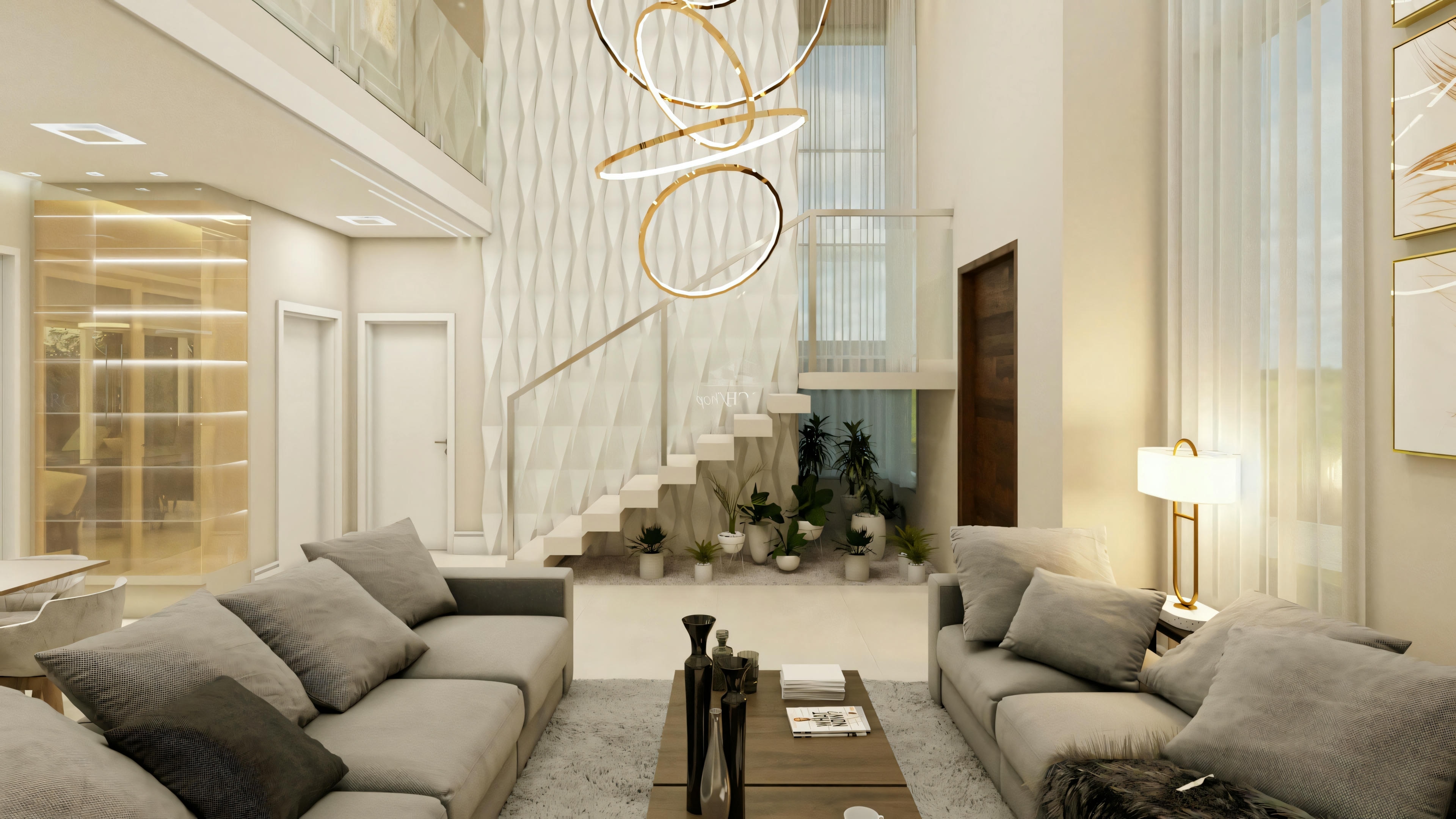 A modern living room with contemporary furniture and large windows that allow plenty of natural light.