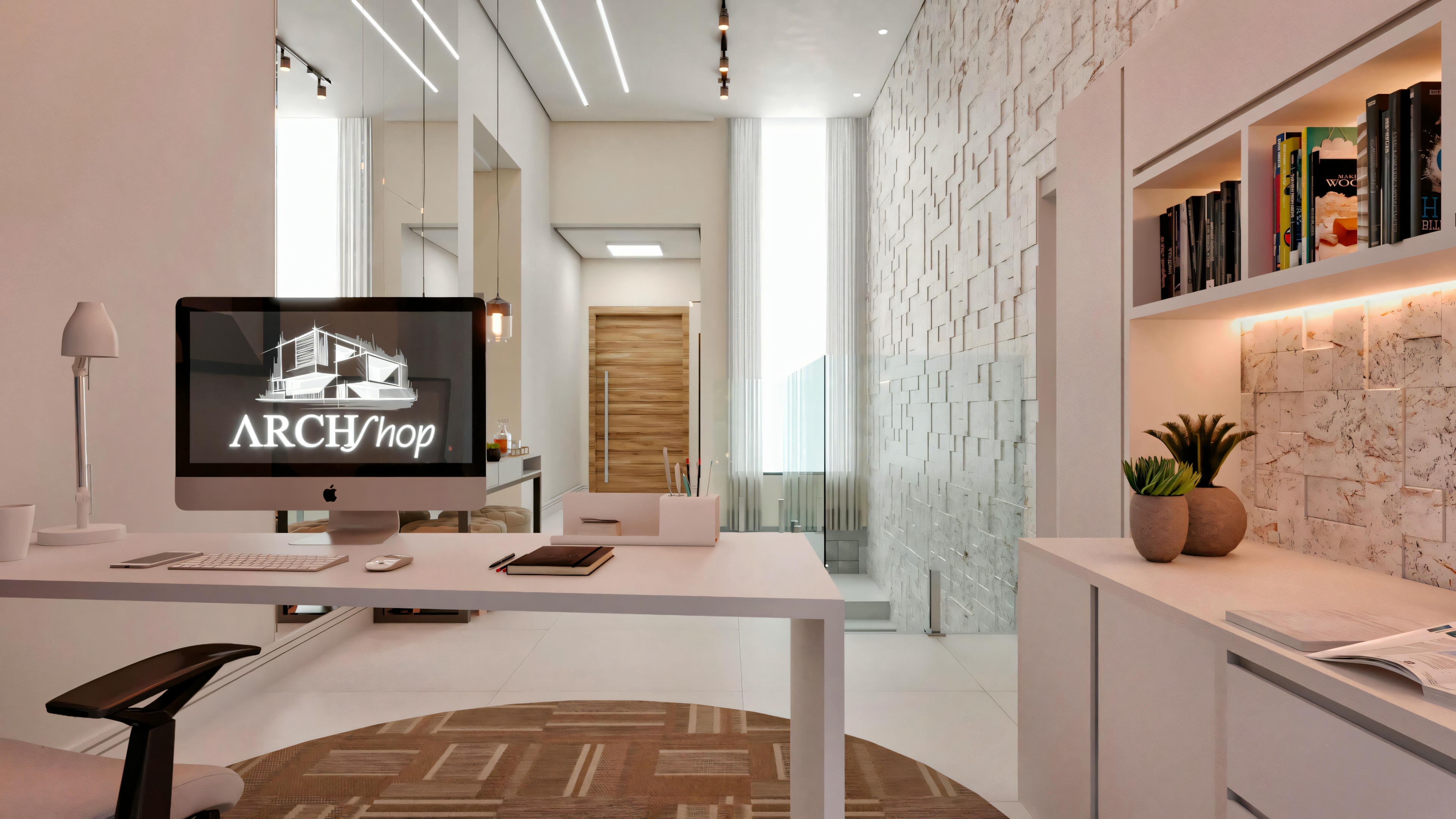 A modern reception area with white walls.