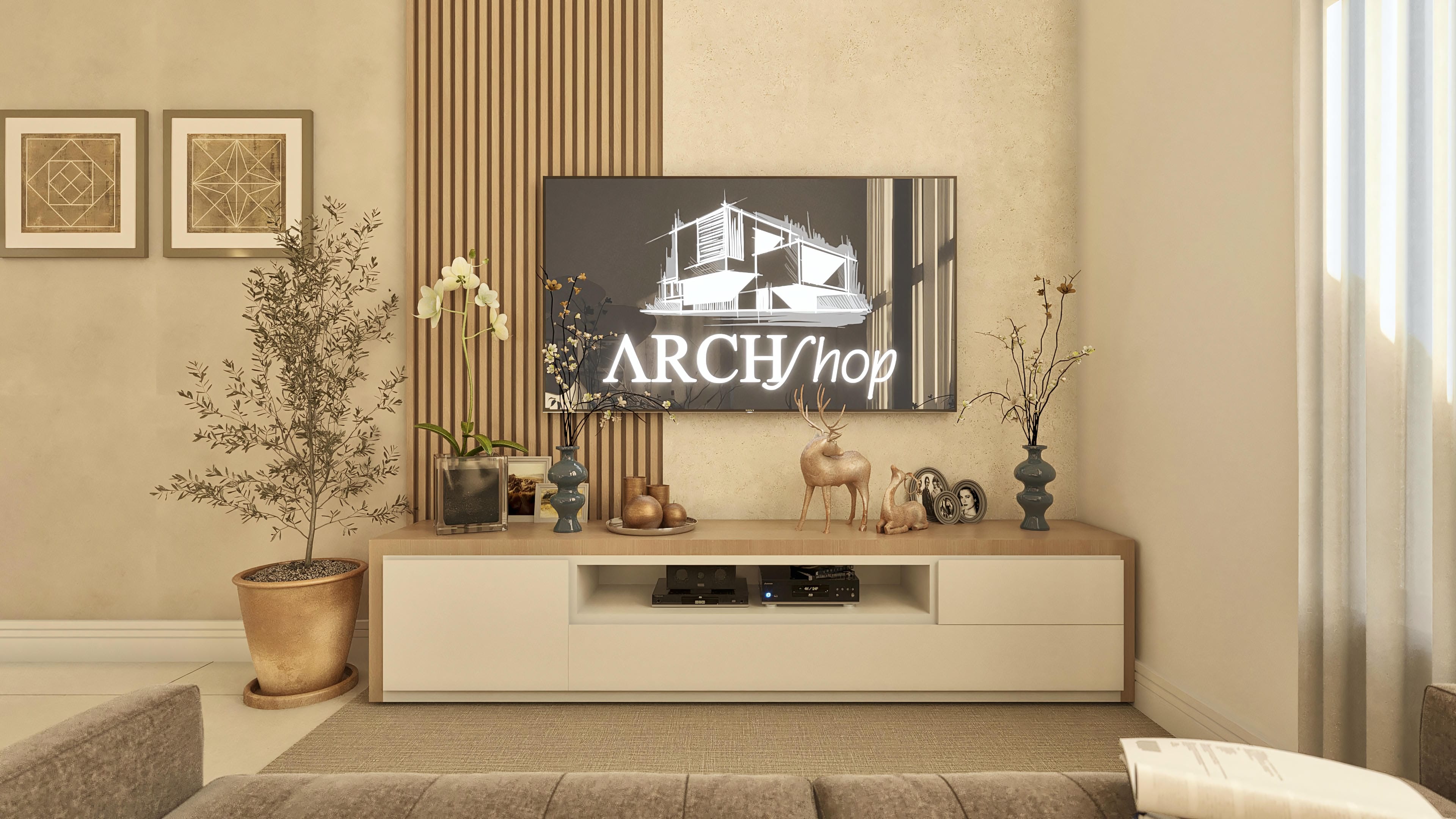 Modern single-story house project with slatted wood finishes, textured walls in neutral tones, and soft lighting. Highlight for the integrated living area, with a TV panel and decorative elements.