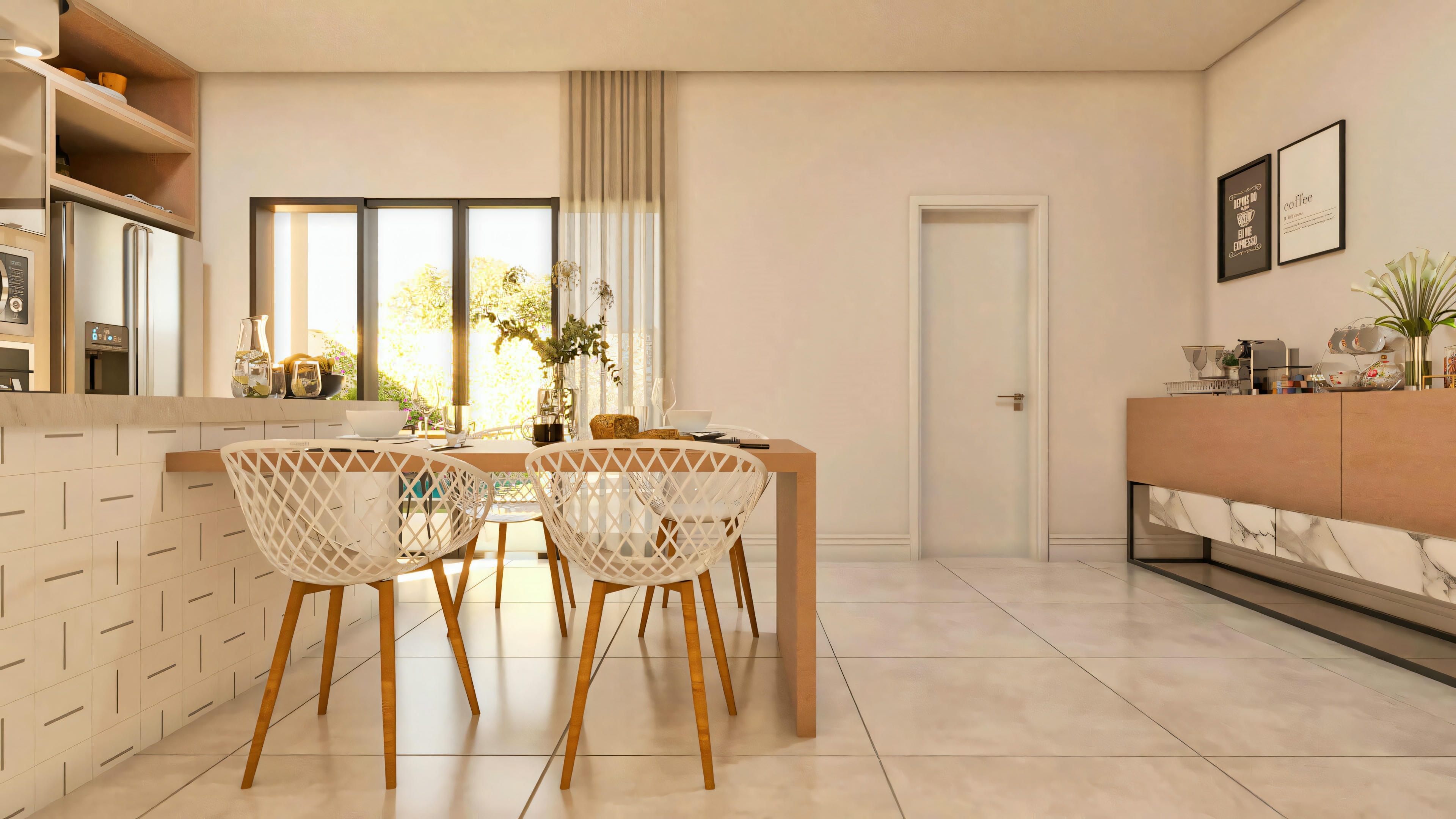 Kitchen with integrated dining area in the modern two-story house on a 10x25 plot. Counter with 3D cladding, dining table, buffet cabinet, and large window.