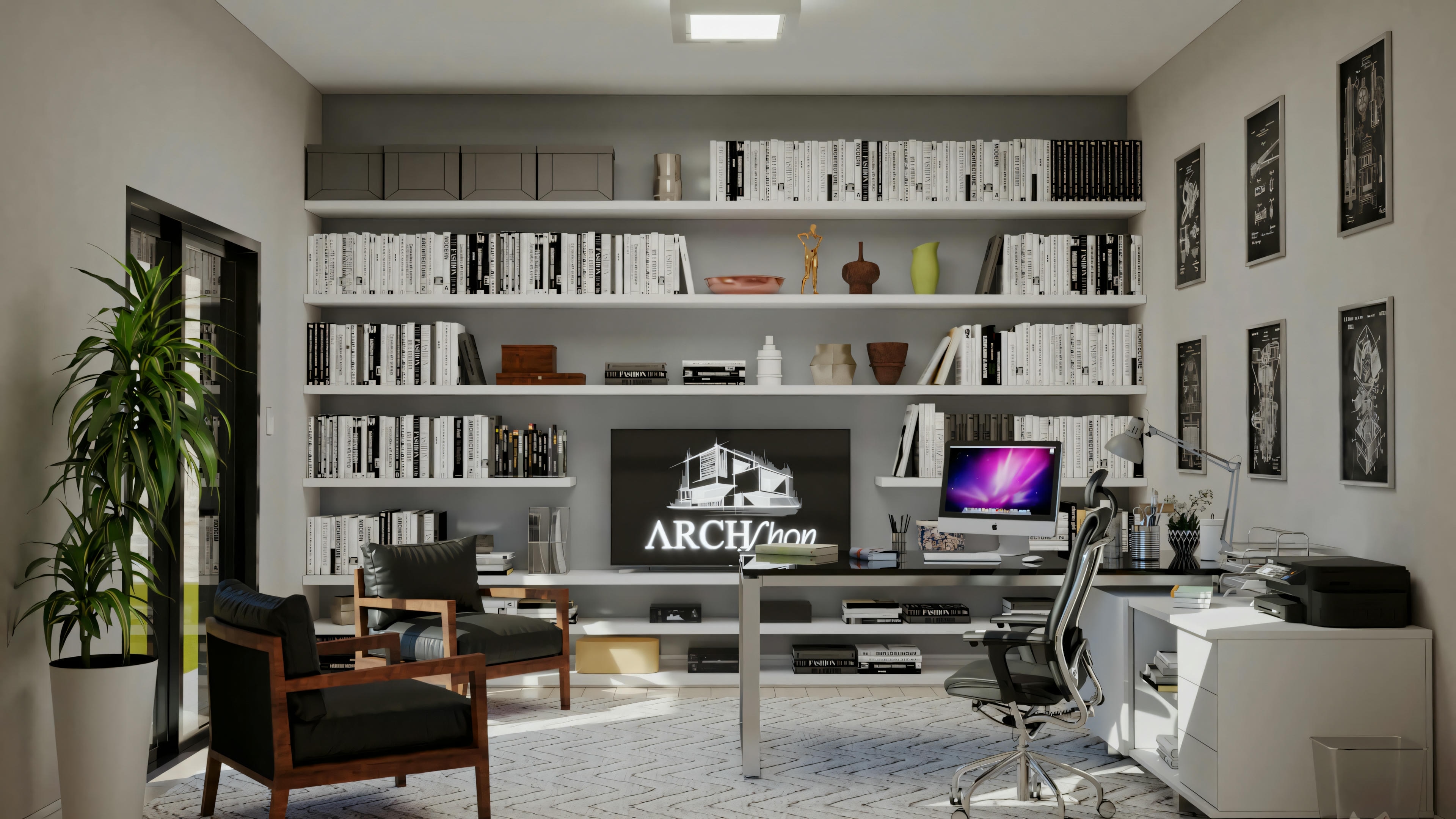 Oficina moderna con estantería grande, mesa con computadora y silla ergonómica.