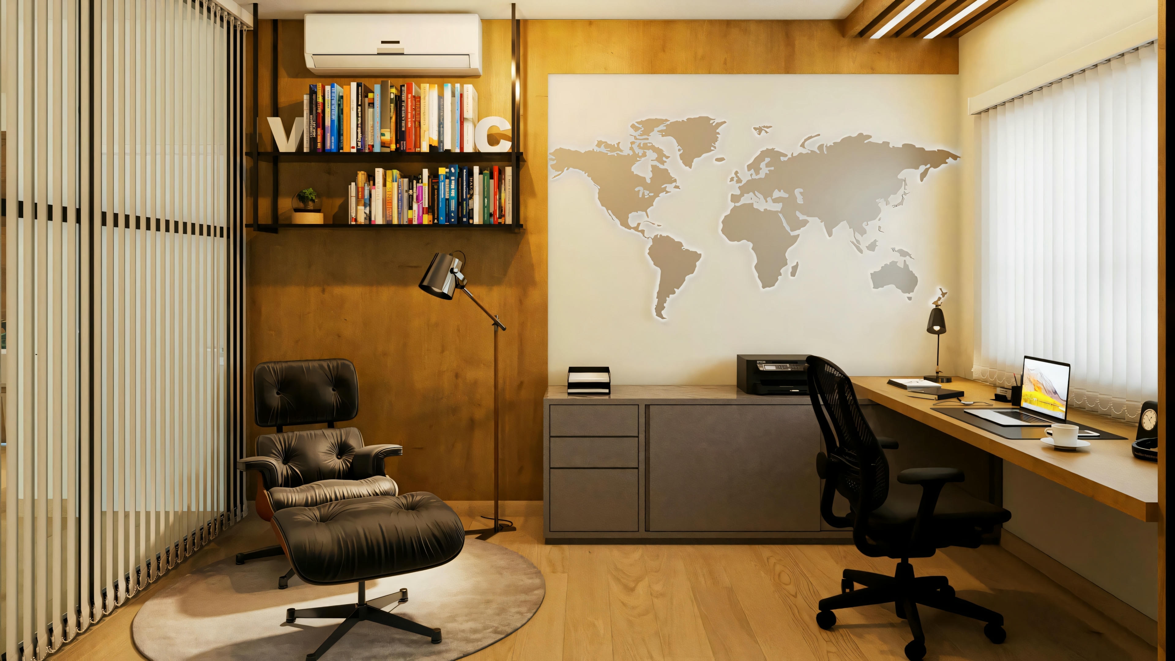 Oficina (home office) de proyecto listo para casa térrea con 5 suites (364.7m²). Espacio funcional con mesada, armarios, mapamundi decorativo, rincón de lectura con sillón Eames style y estanterías.