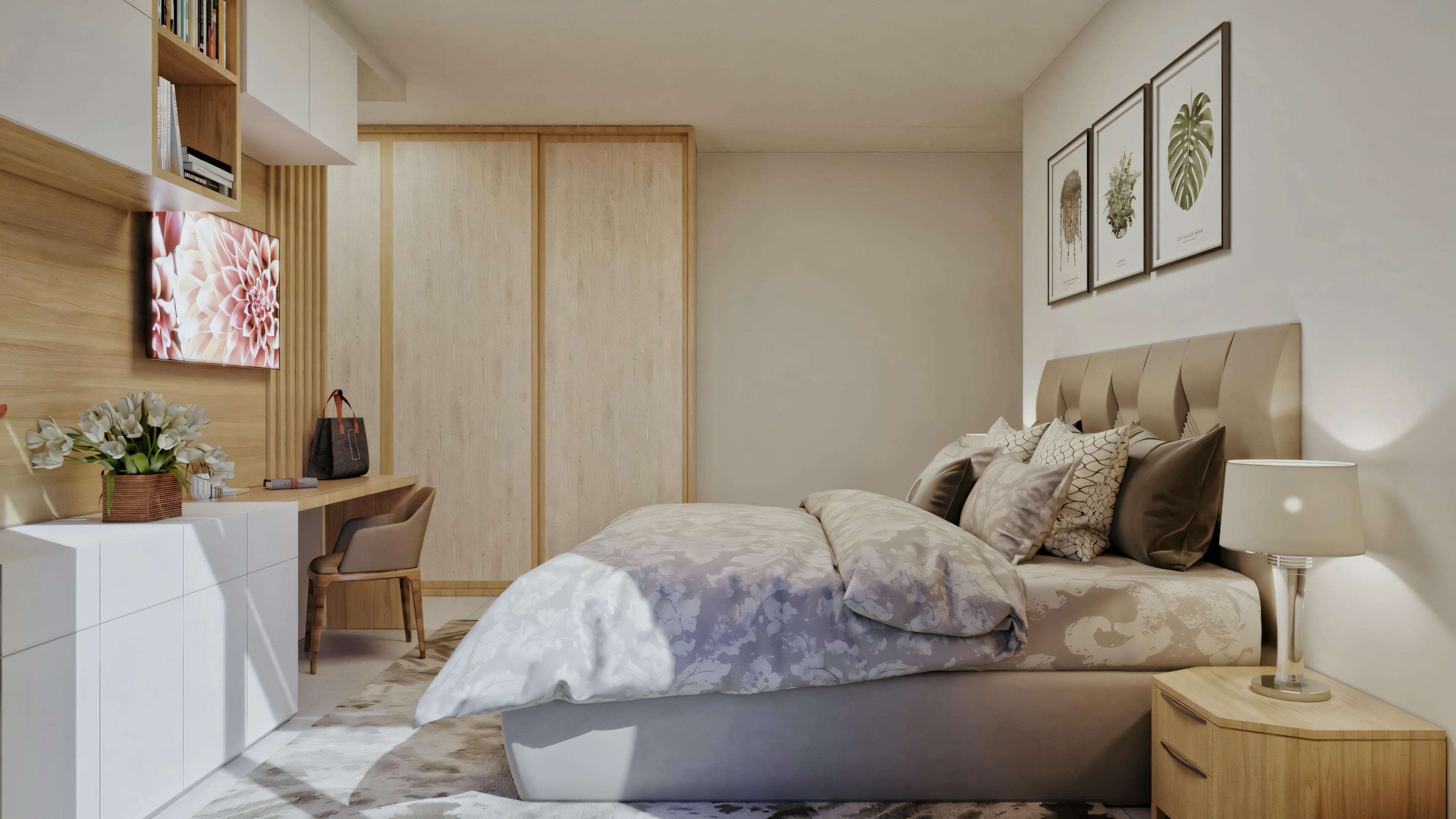 Um quarto moderno com uma cama grande e roupa de cama estampada no centro, flanqueada por mesas de cabeceira com abajures.