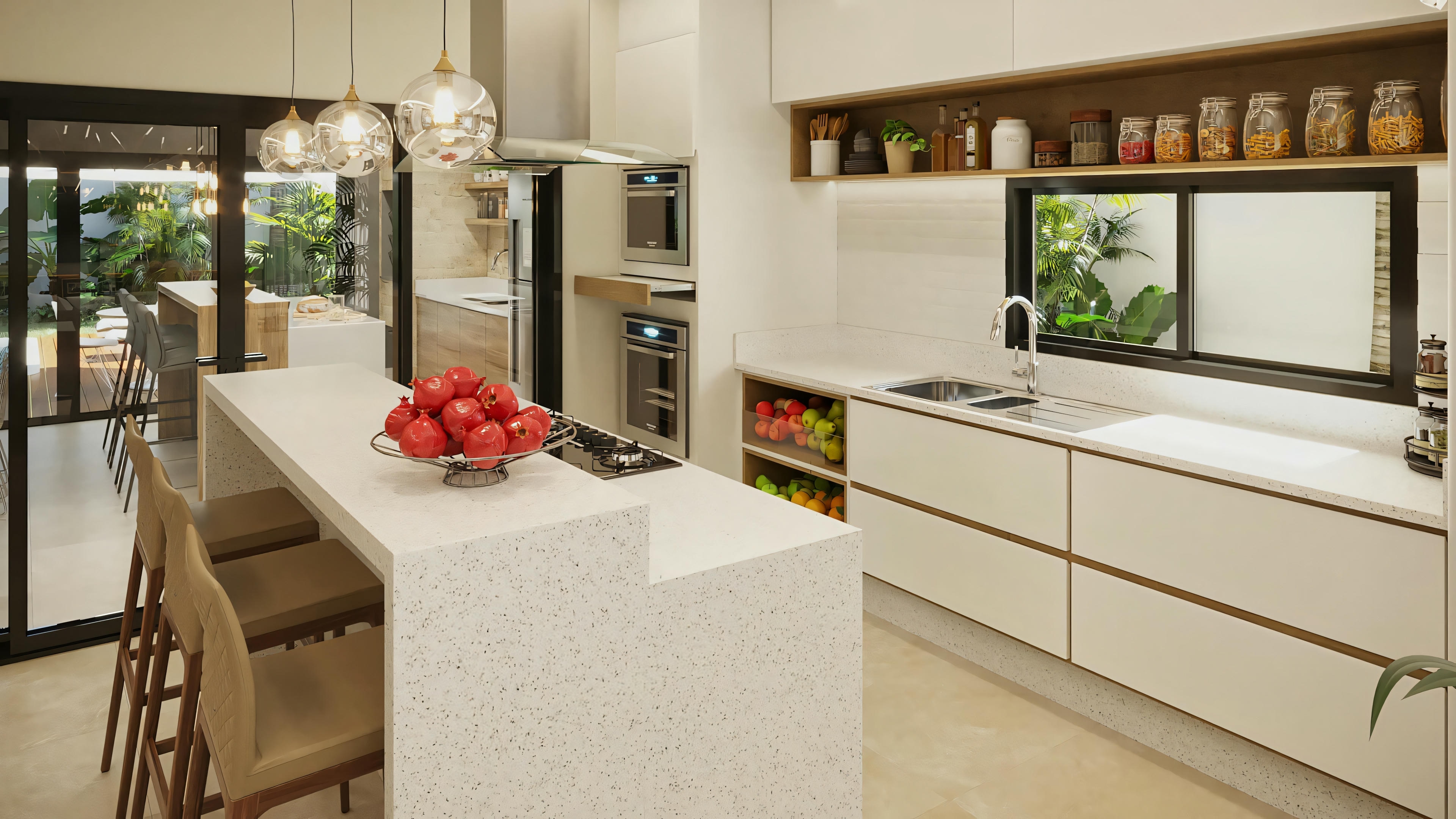 Detail of the planned kitchen in the ready-made single-story house project with 2 suites (170.8sqm). Focus on the central island with cooktop and dining counter, modern cabinets, hot tower, and view to the gourmet area through glass doors.