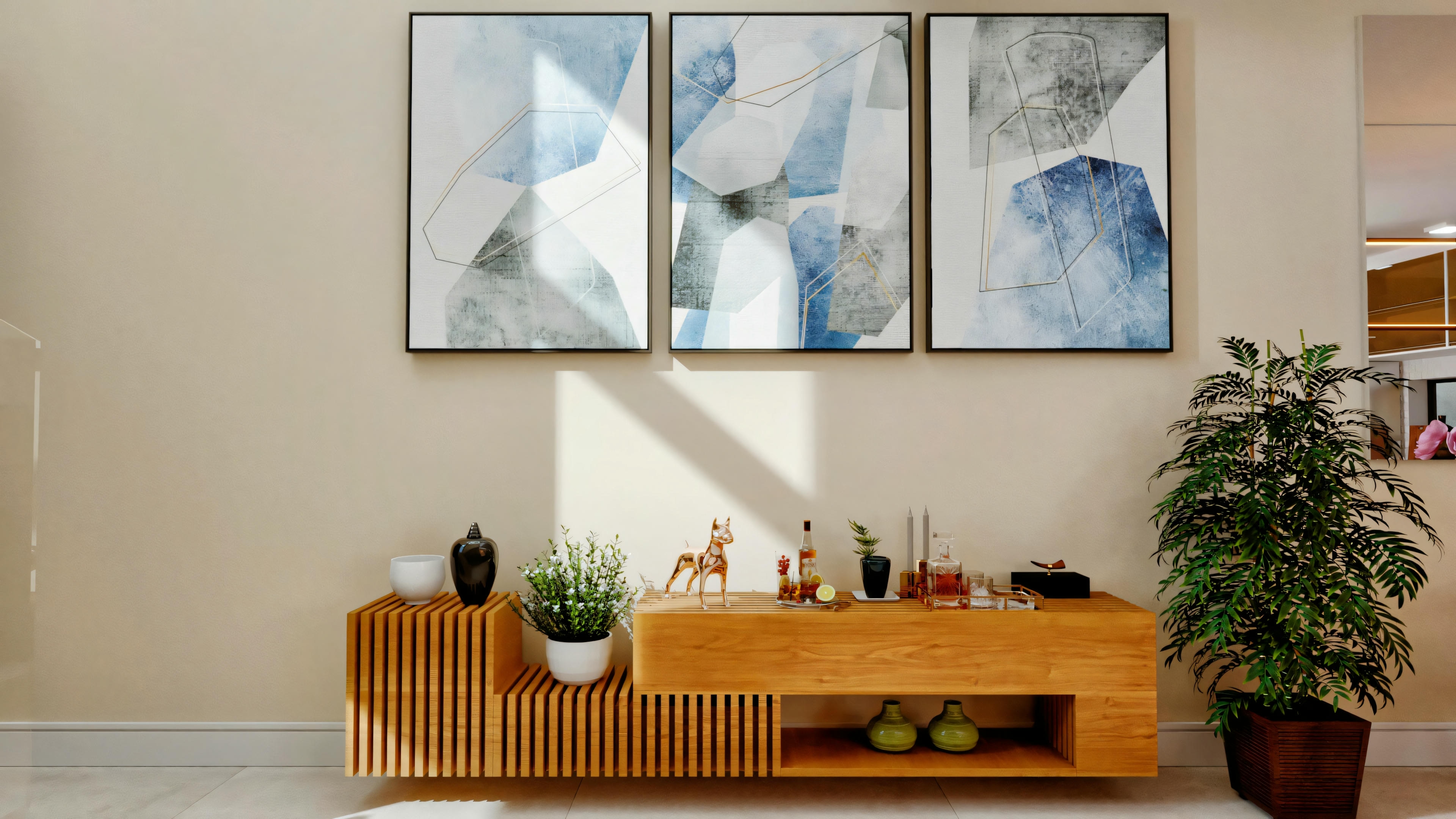Uma sala de estar moderna com uma mesa de console de ripas de madeira contra a parede.