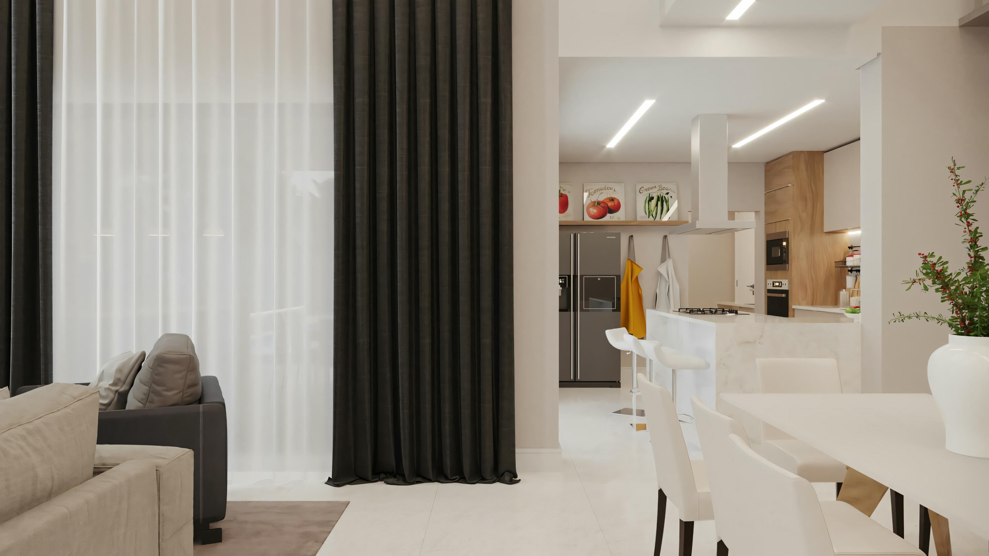 Una sala de estar con sofá, sillas y unidad de televisión. La sala también presenta tonos neutros y tiene cortinas a rayas que oscurecen parcialmente la vista de otra habitación al fondo.
