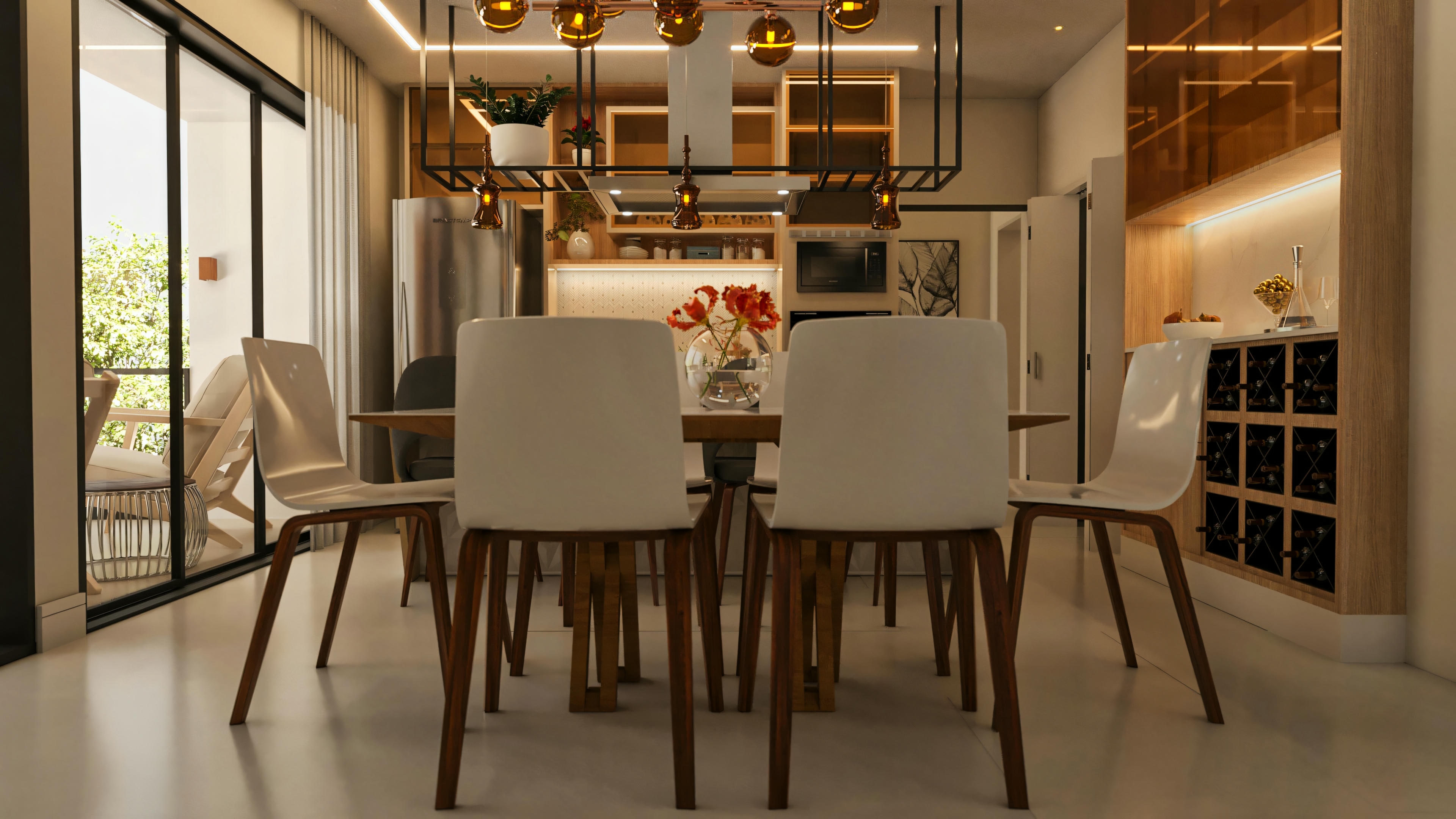 Sala de jantar integrada a la cocina gourmet en proyecto de casa moderna con 394.84m², 4 suites y piscina. Ambiente con mesa de comedor de madera, sillas con asiento tapizado blanco y patas tipo palillo de madera, complementadas por sillas de acrílico transparente, bajo una luminaria colgante con diseño industrial y bombillas de filamento. Al fondo, cocina con gabinetes planeados, y a la derecha, carpintería con nichos para botellas. Acceso al área externa por amplia puerta de vidrio.