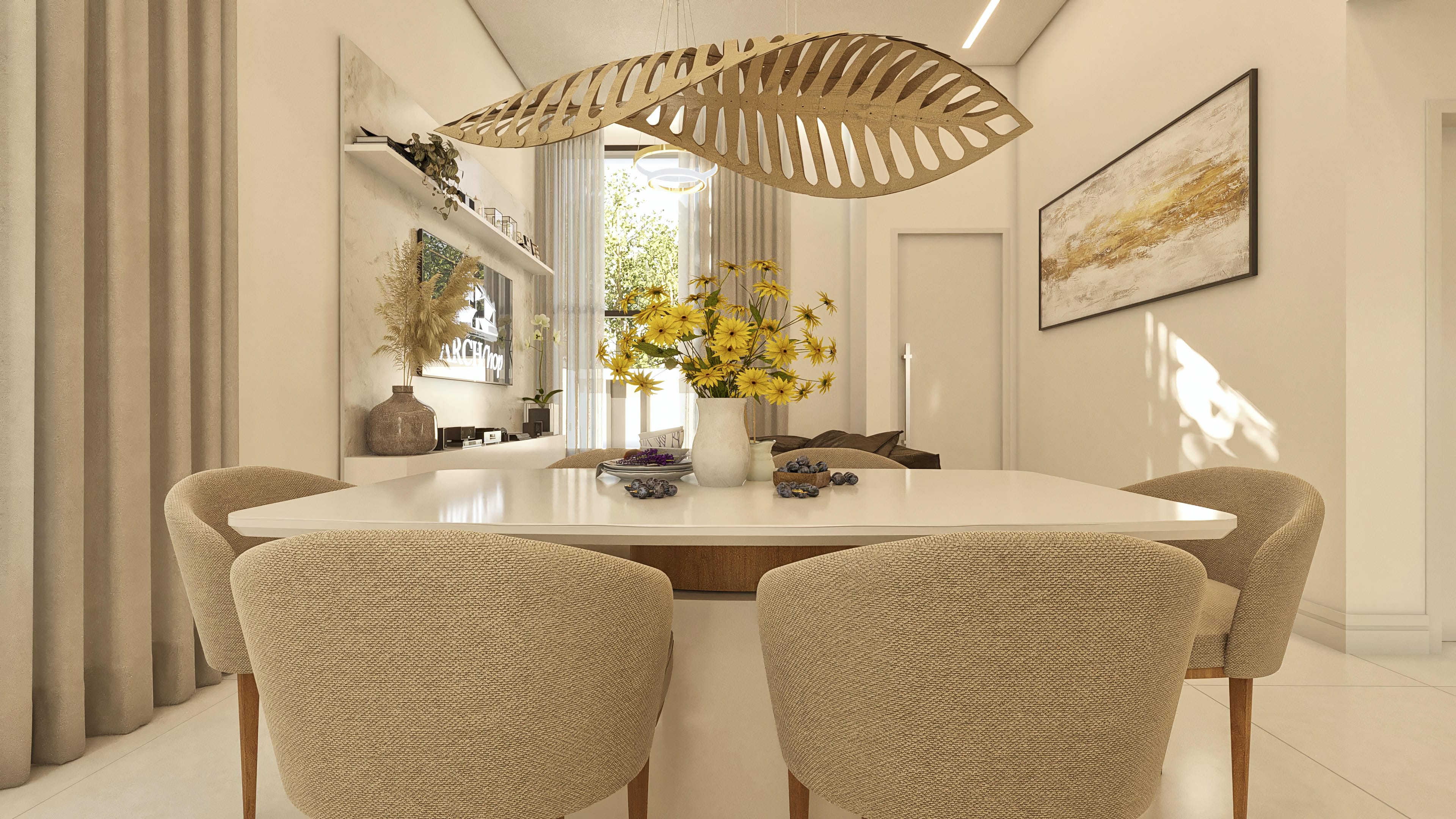 Ambiente interno de casa térrea moderna com mesa de jantar branca, cadeiras estofadas em tom bege, luminária escultural de madeira e obras de arte nas paredes.