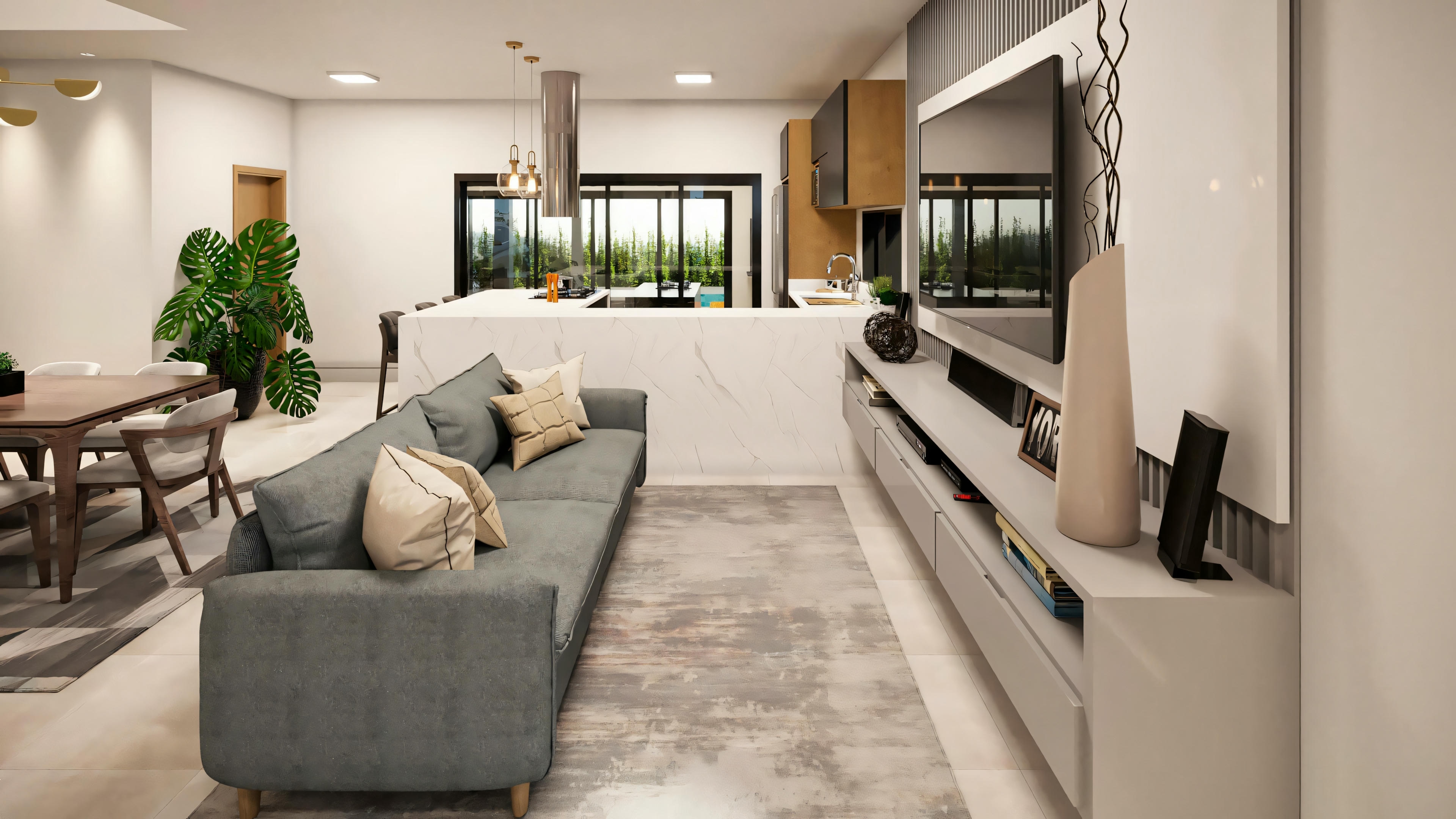 Sala de estar espaciosa con grandes ventanas, muebles contemporáneos incluyendo sofás y mesa de centro, y diseño de planta abierta que lleva a otra habitación.