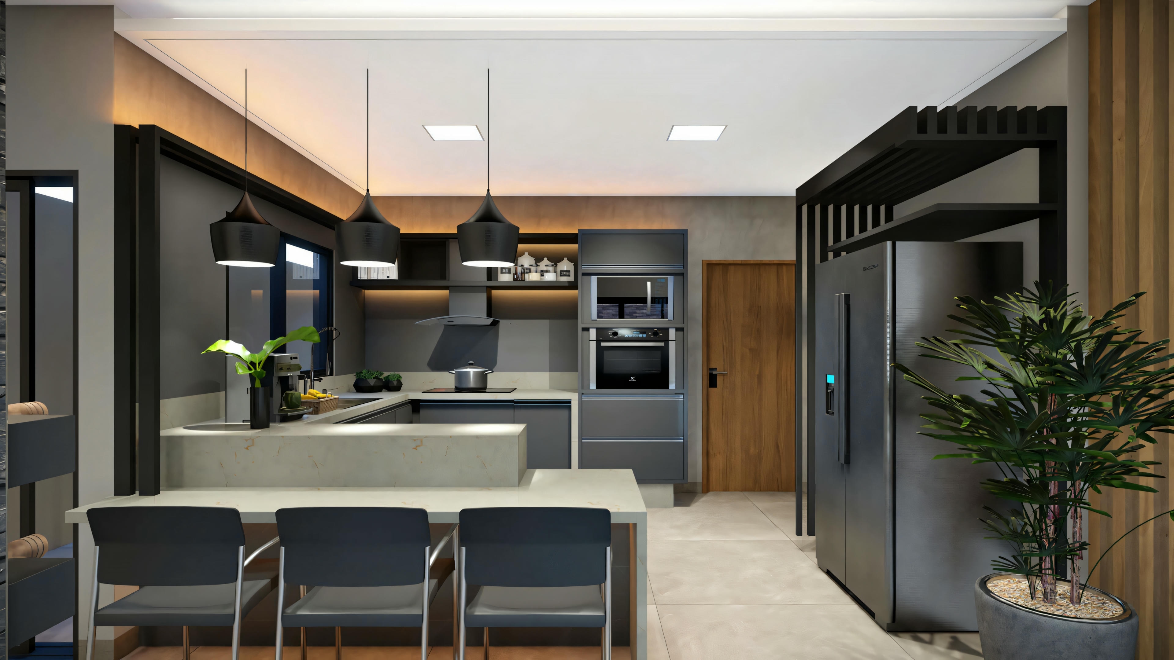 Sala de estar moderna con decoración contemporánea, incluyendo área de comedor, cocina al fondo y plantas de interior.