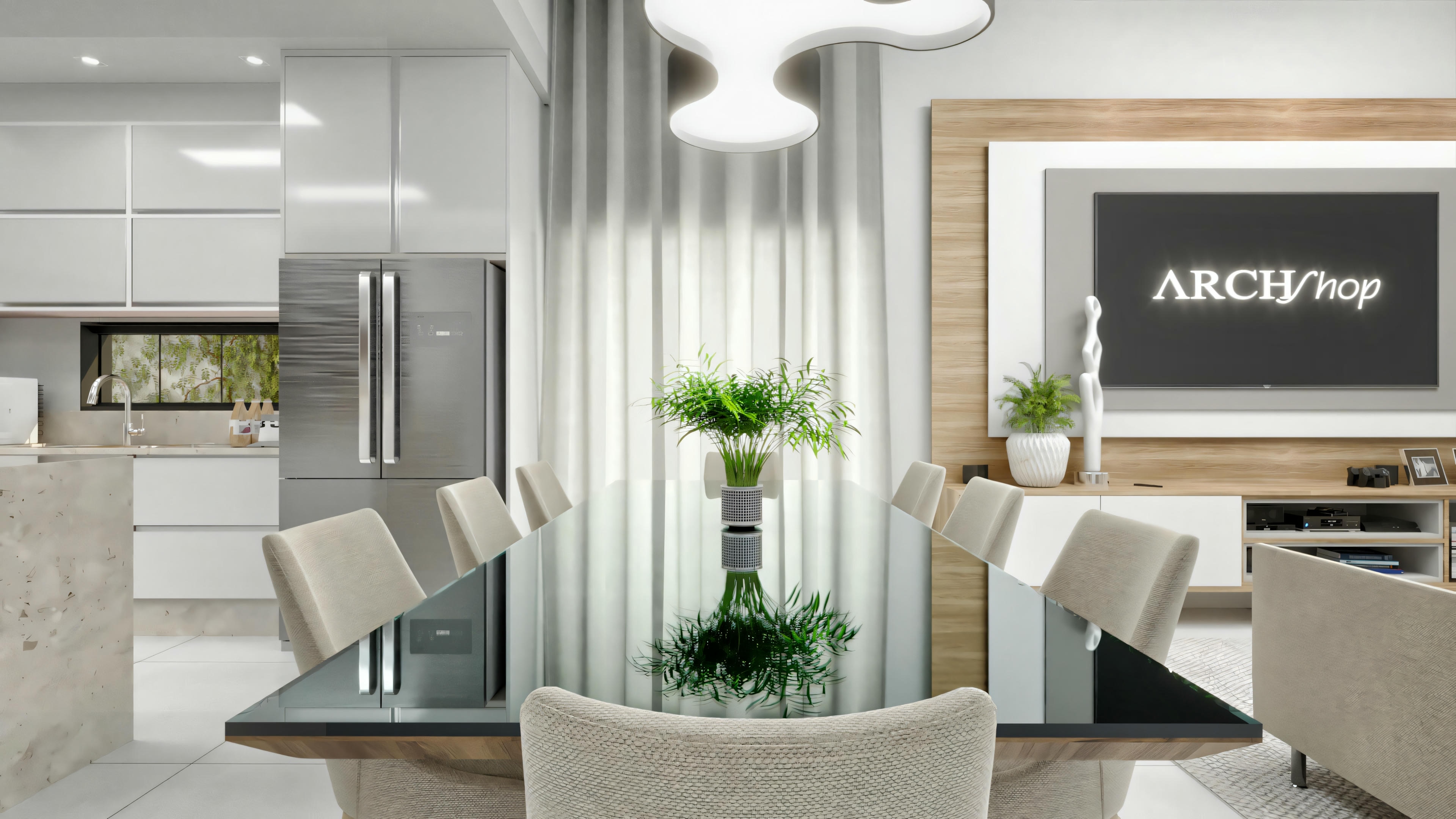 Una sala de estar moderna con sofá gris, mesa de centro redonda con plantas y área de comedor al fondo.