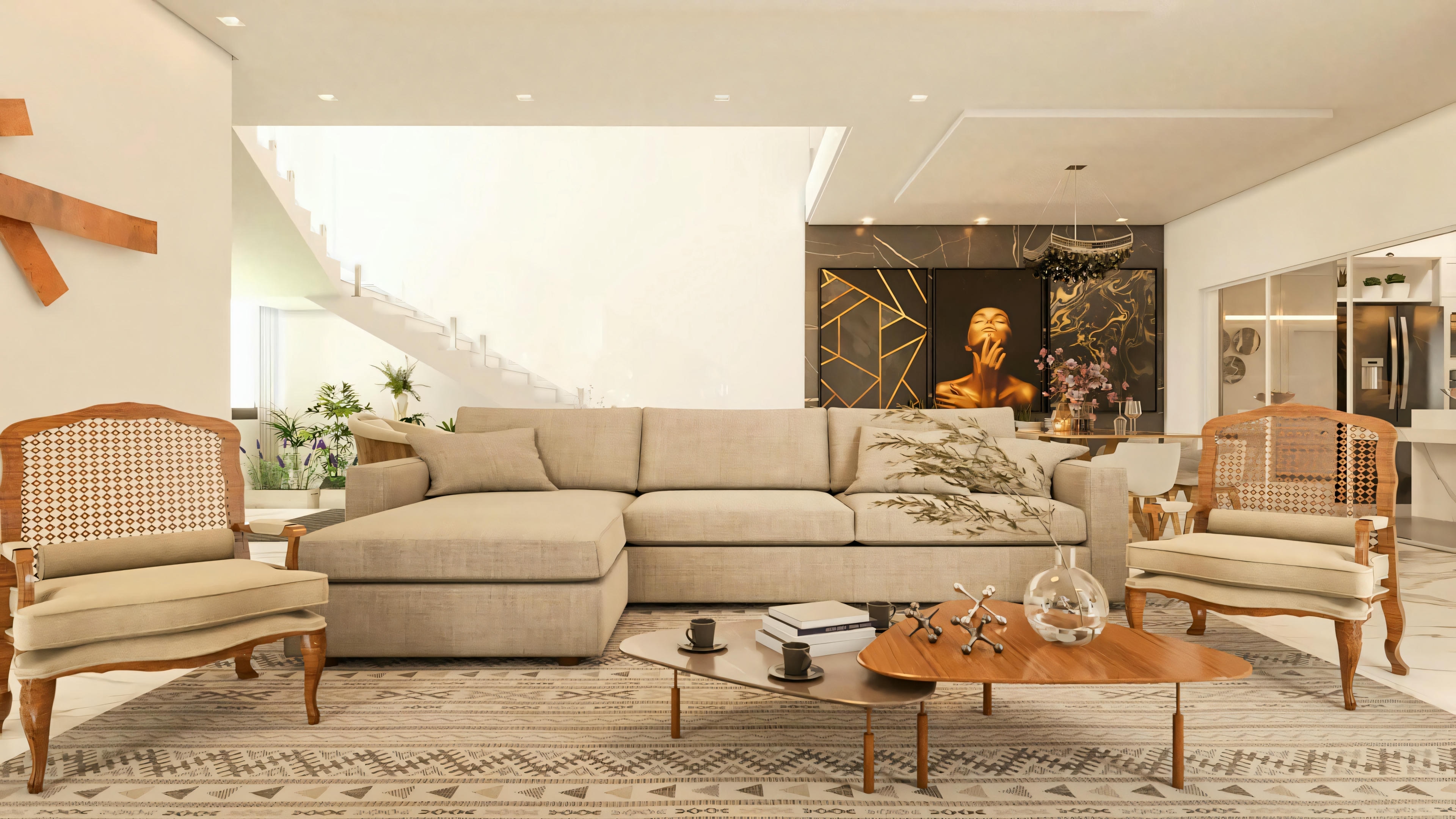 Sala de estar do sobrado de 3 suítes com layout integrado, mostrando sofá, poltronas e tapete em primeiro plano, e ao fundo a área de jantar/cozinha separada por vidro, além da escada à esquerda.
