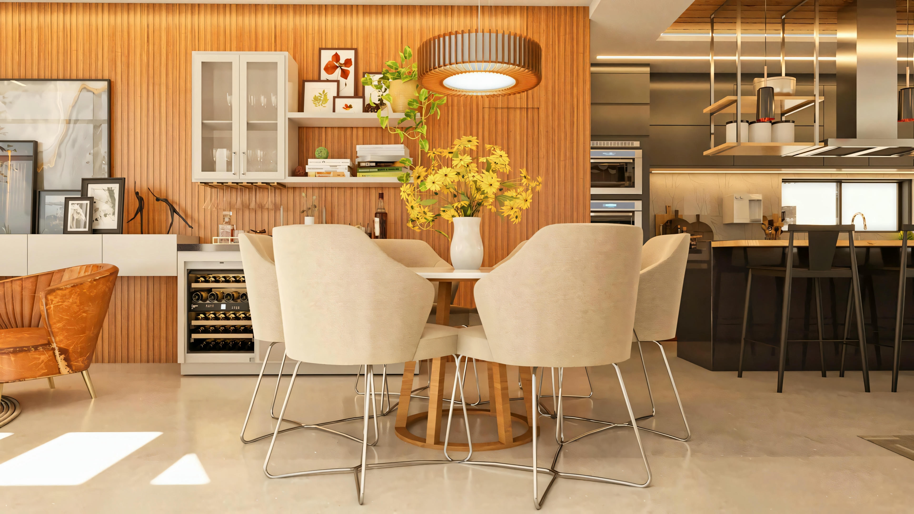 Sala de jantar integrada à área gourmet do sobrado moderno de 330m², com mesa redonda, cadeiras estofadas, painel de madeira e vista da cozinha com ilha gourmet.