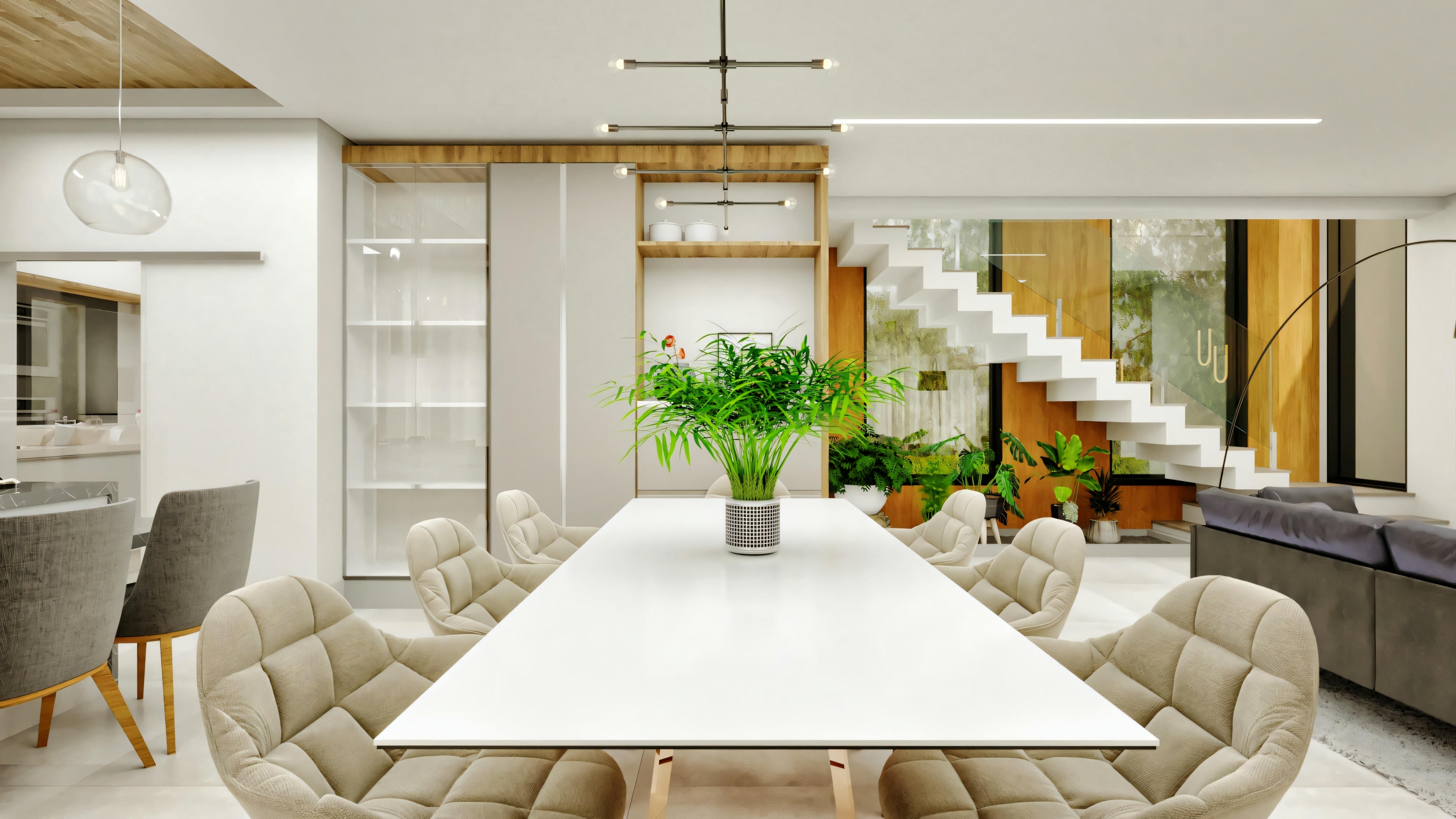 Vista da sala de jantar moderna (casa 4 suítes), integrada à sala de estar e área da escada. Mesa de jantar retangular branca com cadeiras estofadas e luminária pendente.