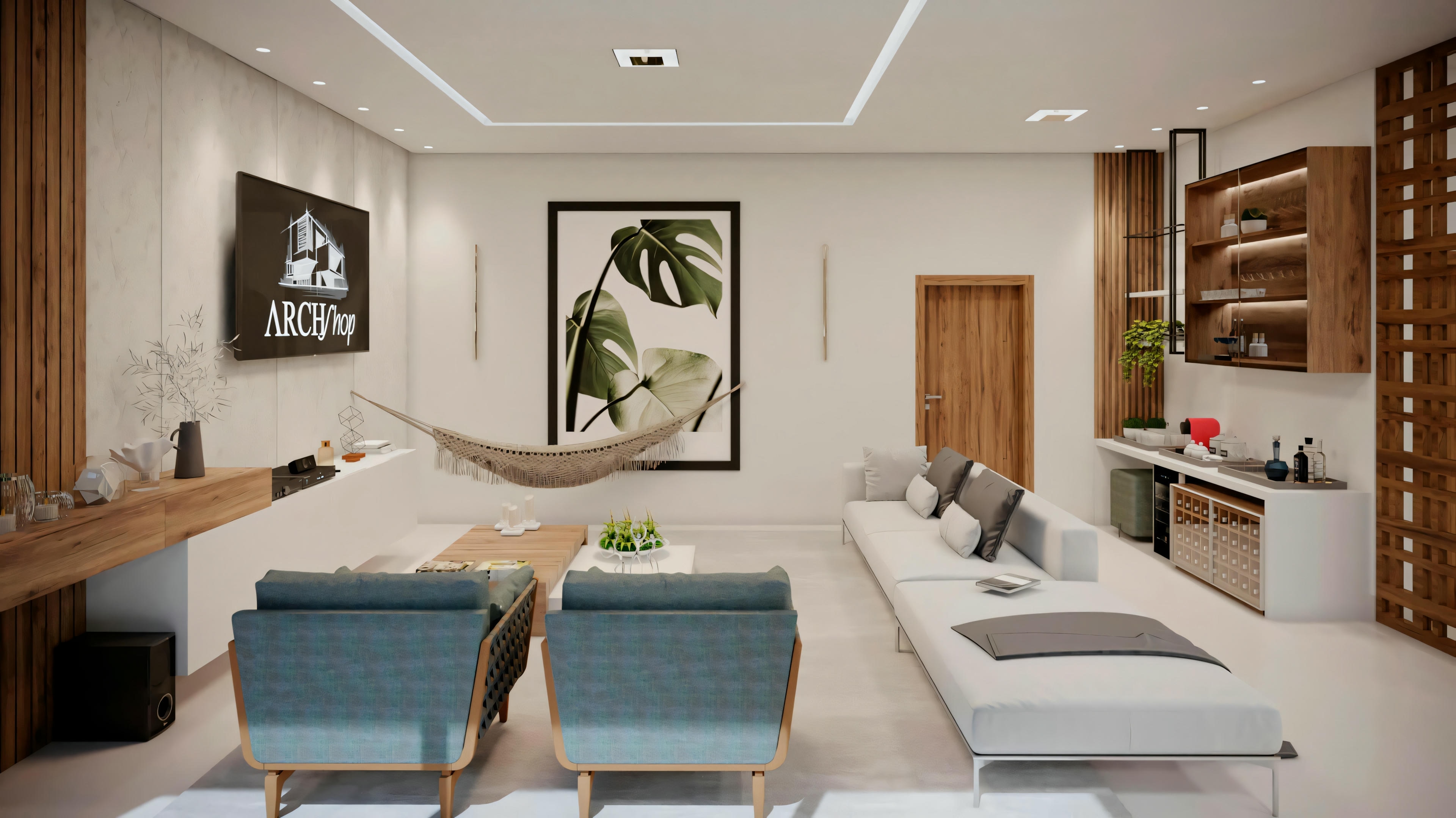 Un espacio interior con diseño moderno, presentando una zona de estar con sofás, mesa de centro y un gran cuadro en la pared.