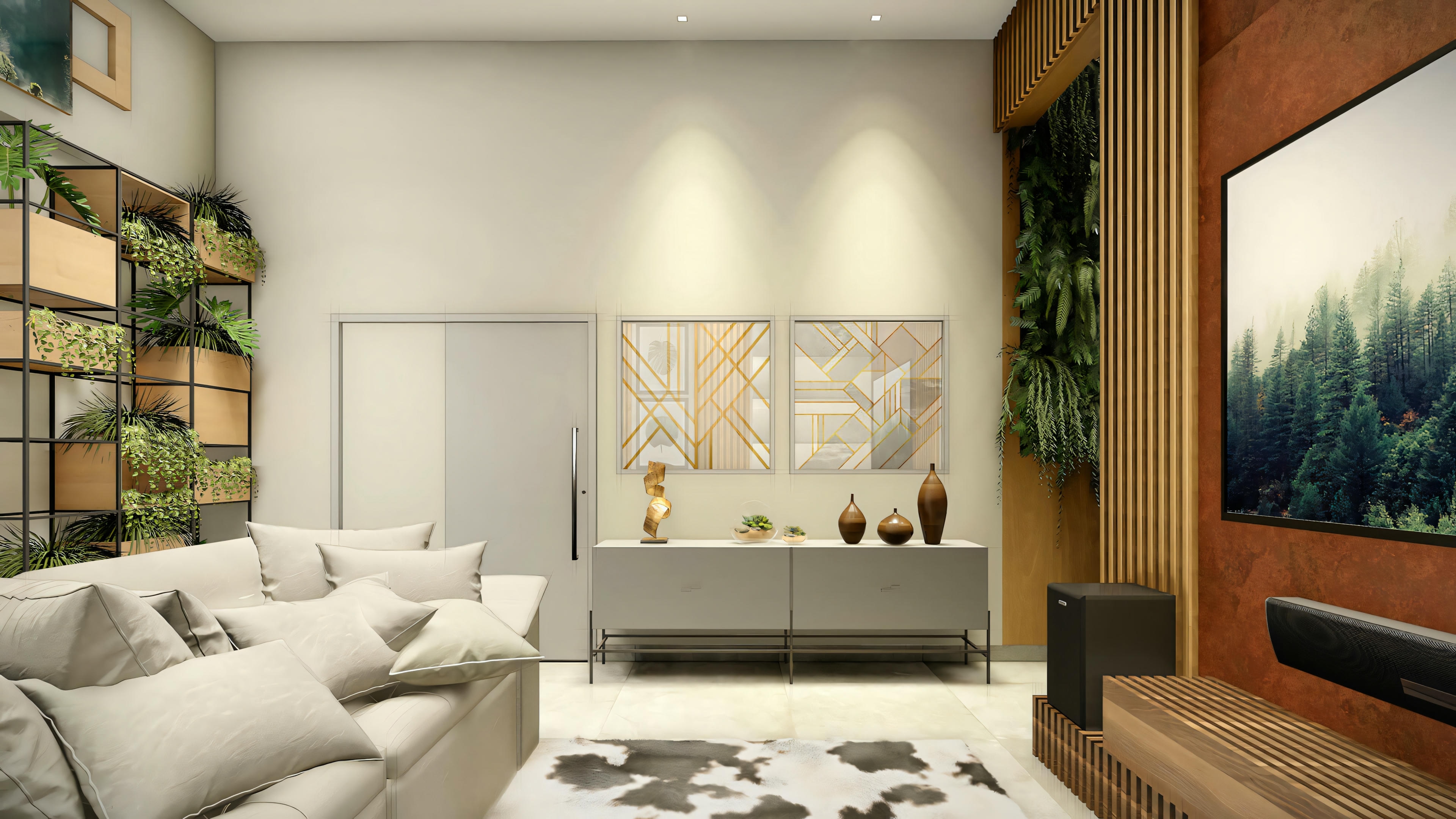 Ángulo del salón moderno mostrando aparador con decoración, cuadros en la pared, puerta de acceso, sofá y elementos con plantas. Casa de 183m² con proyecto de techo visto.