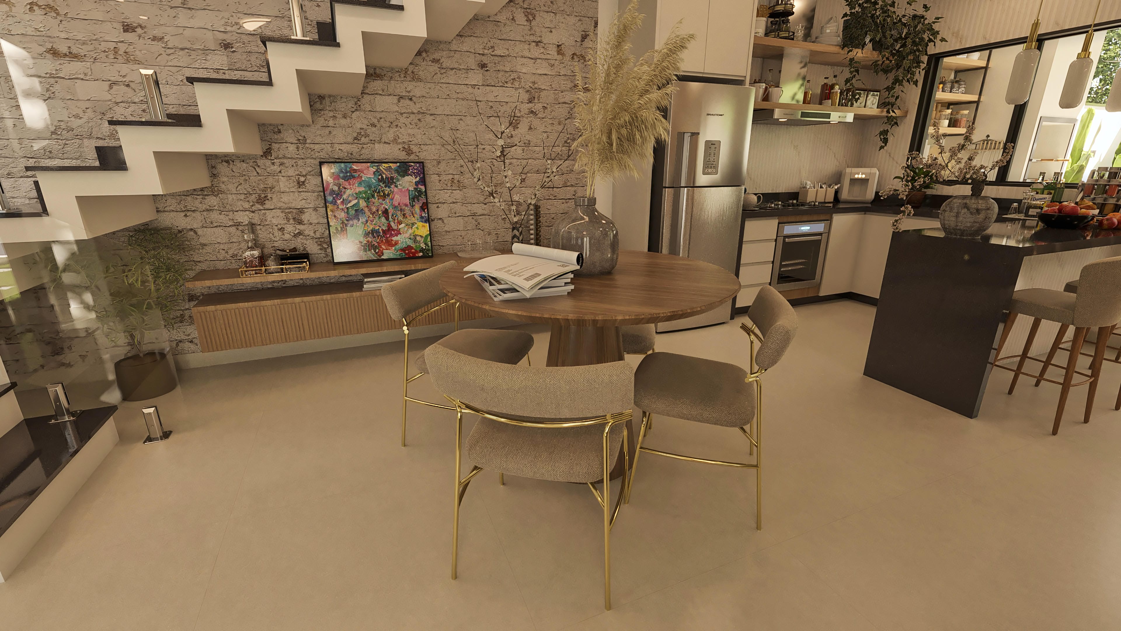 Sala de jantar e cozinha integrada em sobrado moderno, com parede de tijolos rústicos, escada flutuante com guarda-corpo de vidro, mesa redonda e bancada de cozinha.